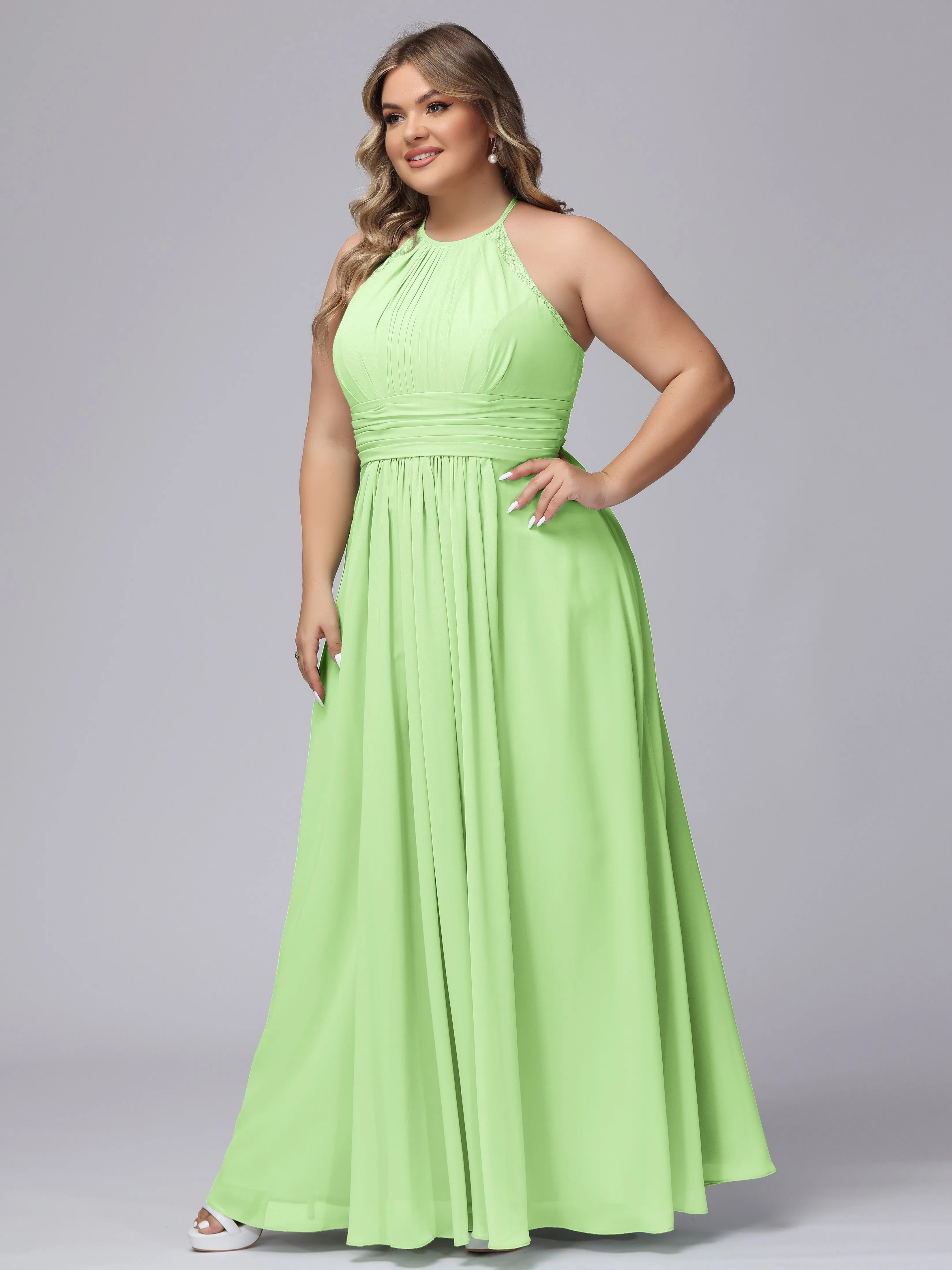 Halter Sleeveless Long Plus Size Chiffon Bridesmaid Dresses