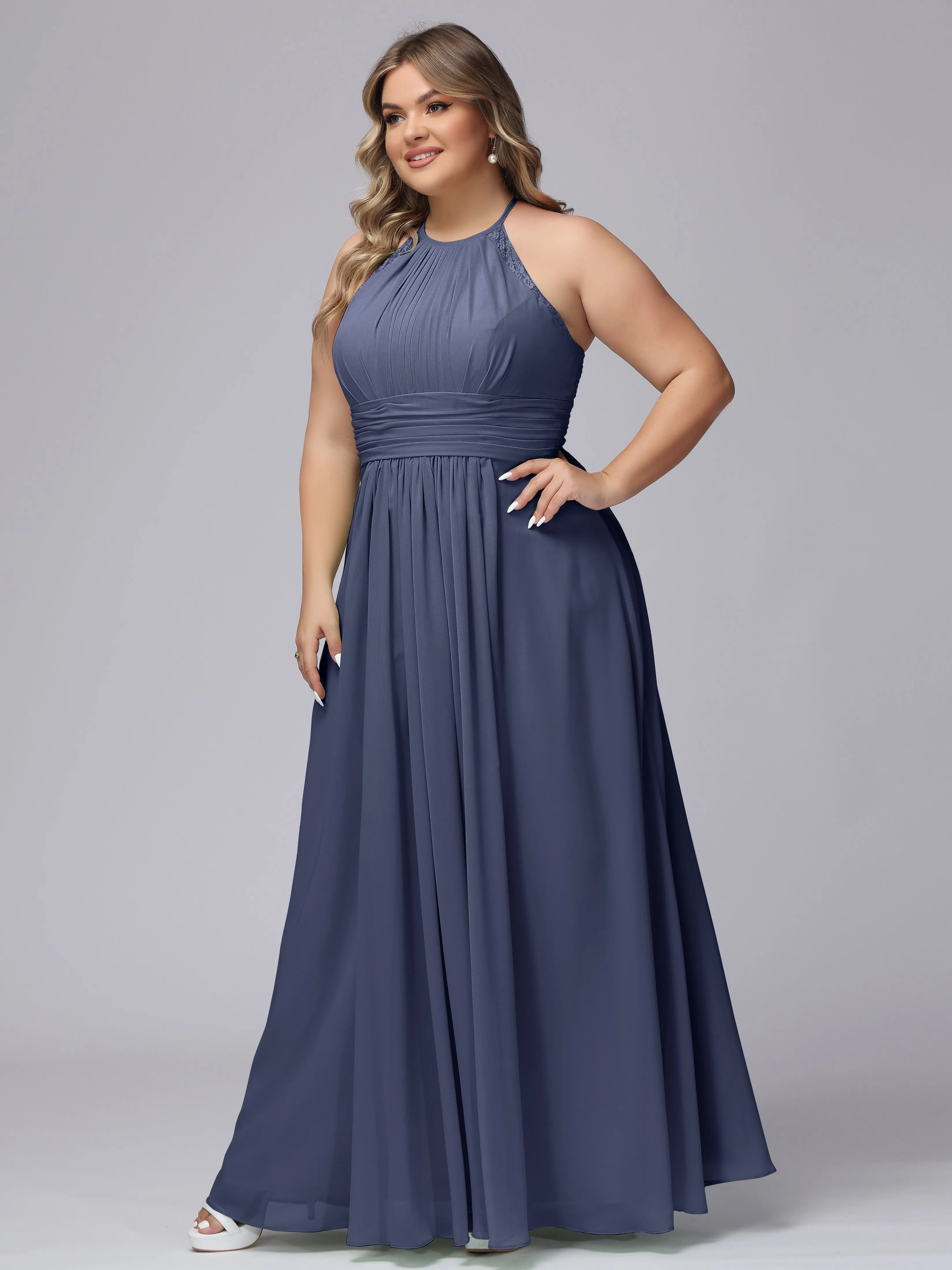 Halter Sleeveless Long Plus Size Chiffon Bridesmaid Dresses