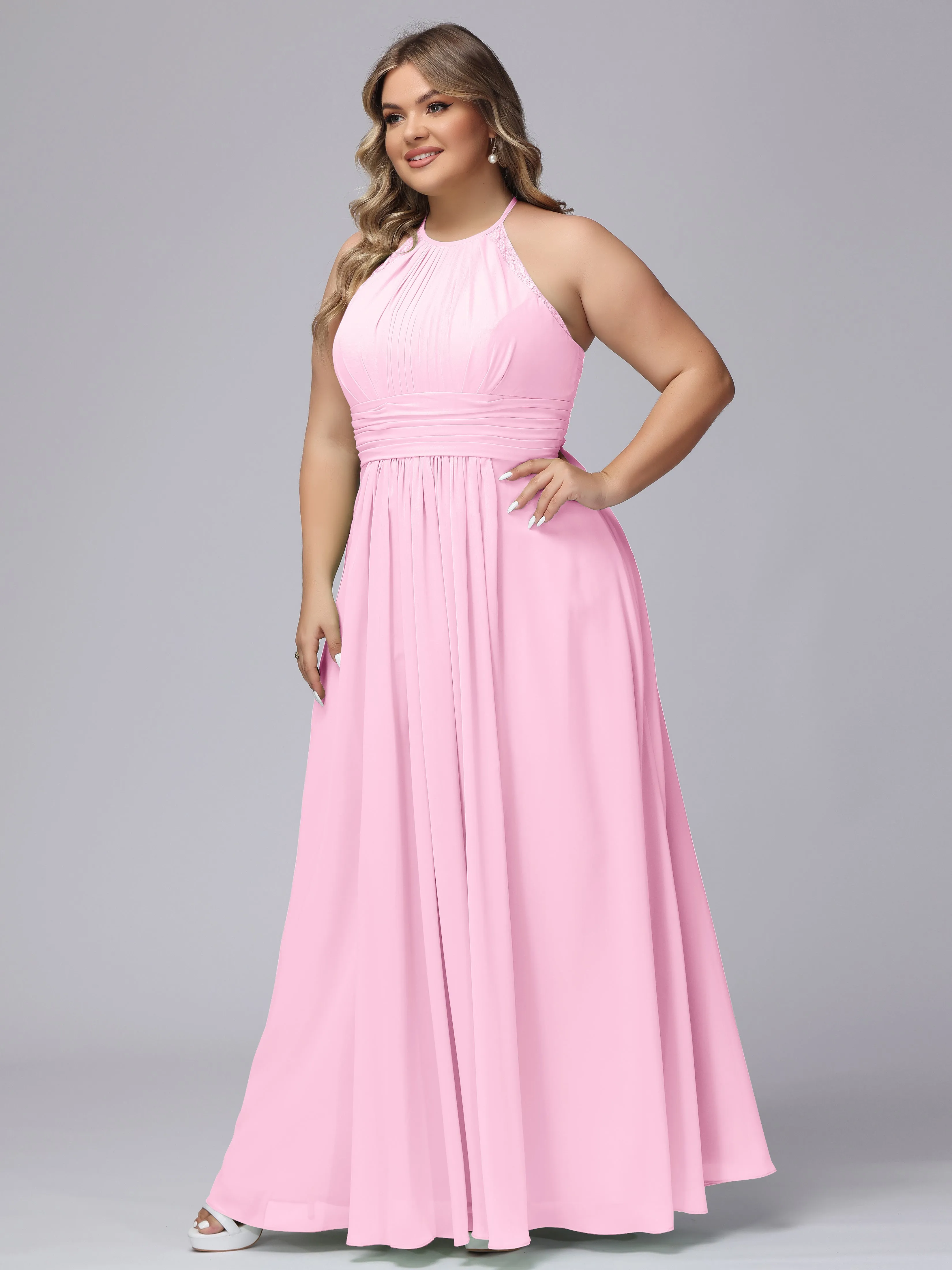 Halter Sleeveless Long Plus Size Chiffon Bridesmaid Dresses