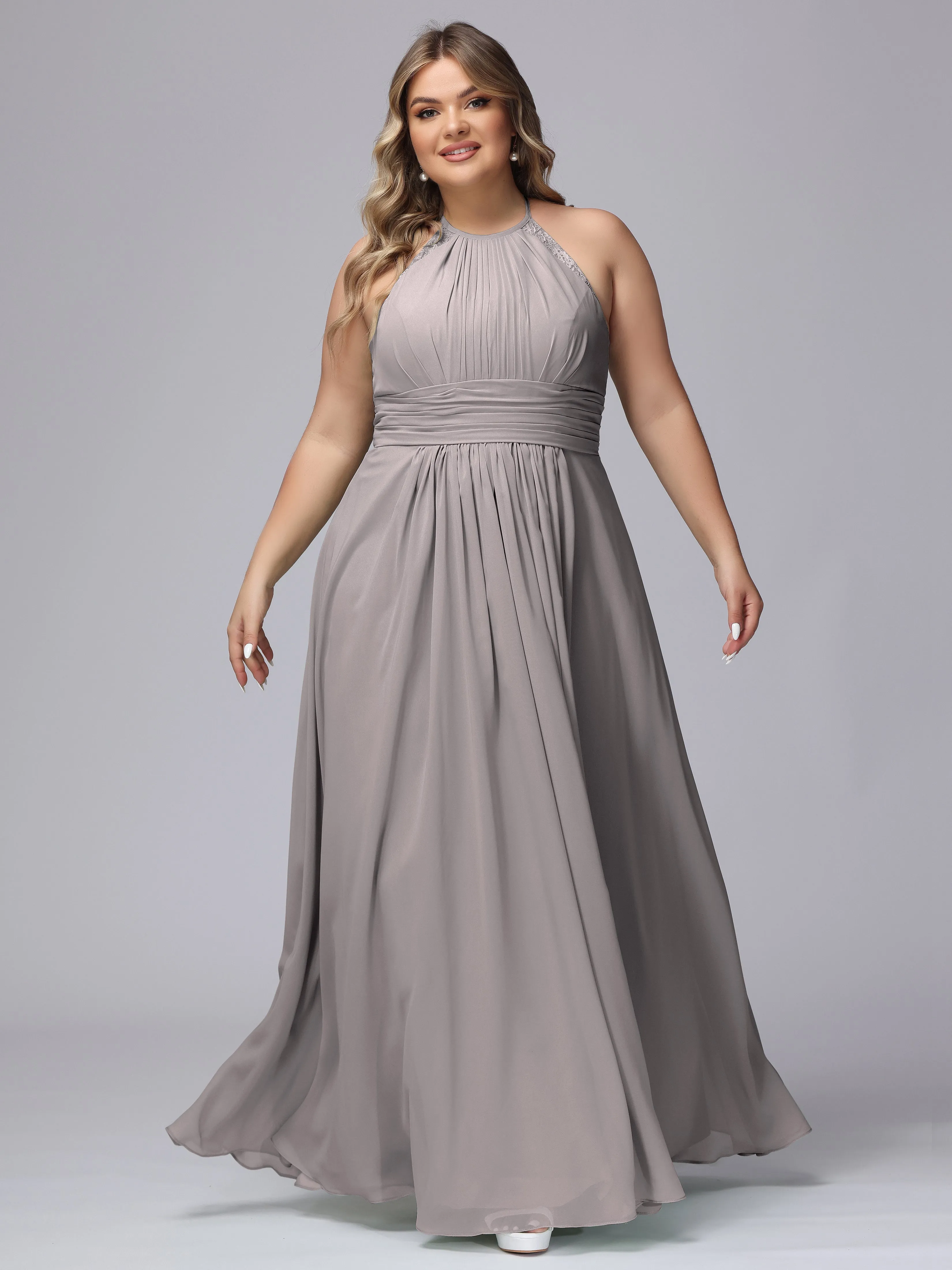 Halter Sleeveless Long Plus Size Chiffon Bridesmaid Dresses