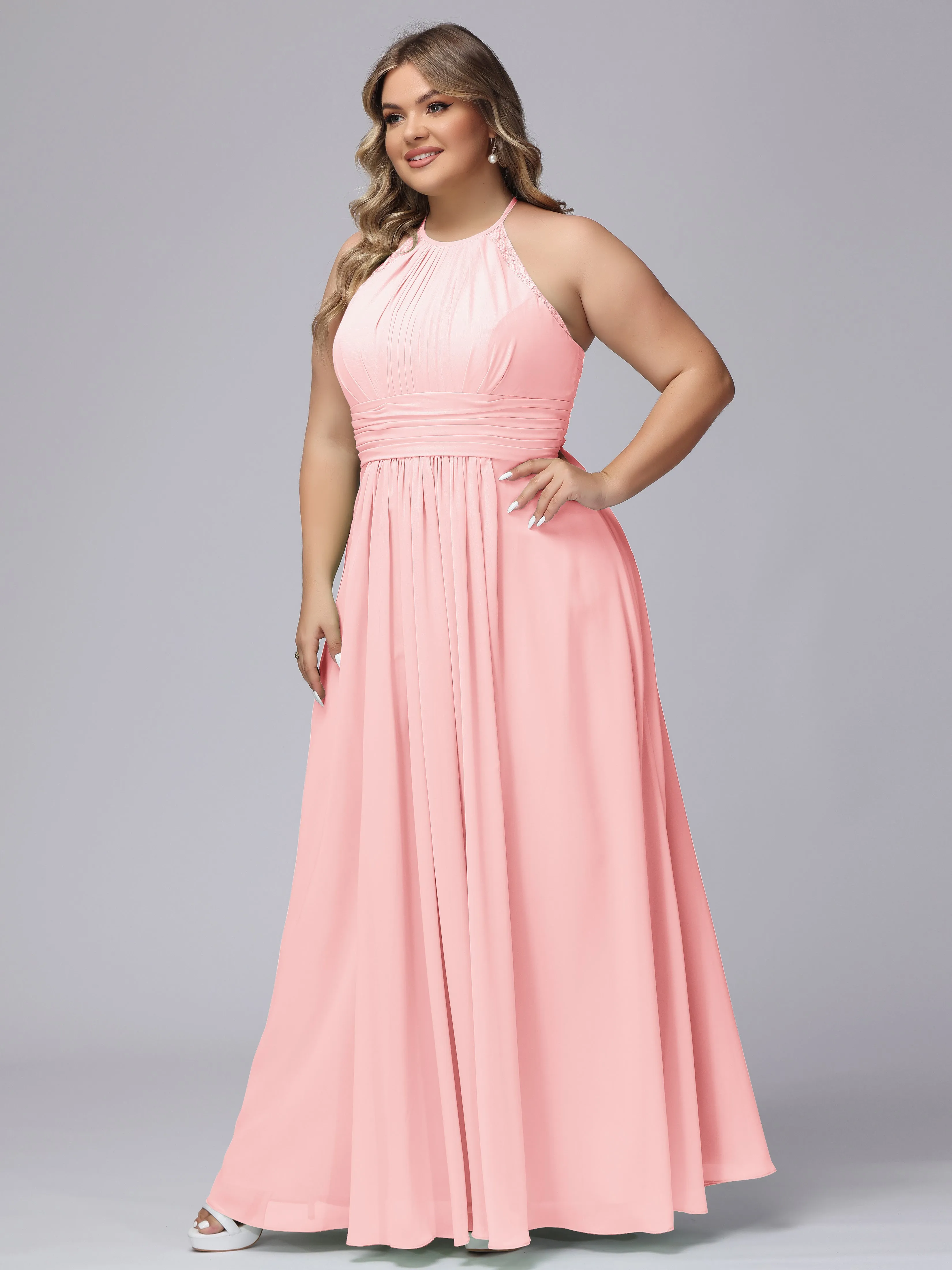 Halter Sleeveless Long Plus Size Chiffon Bridesmaid Dresses