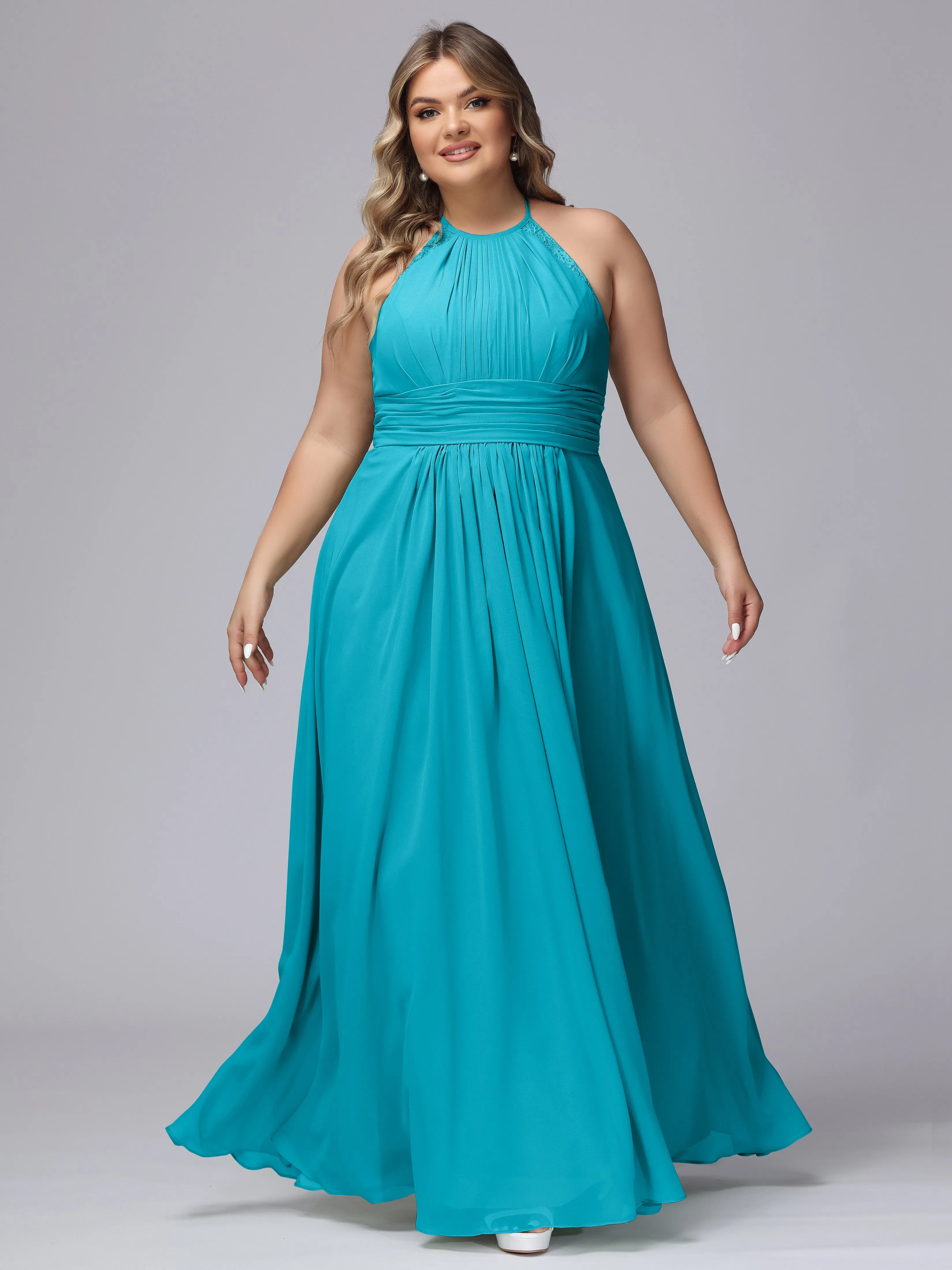 Halter Sleeveless Long Plus Size Chiffon Bridesmaid Dresses