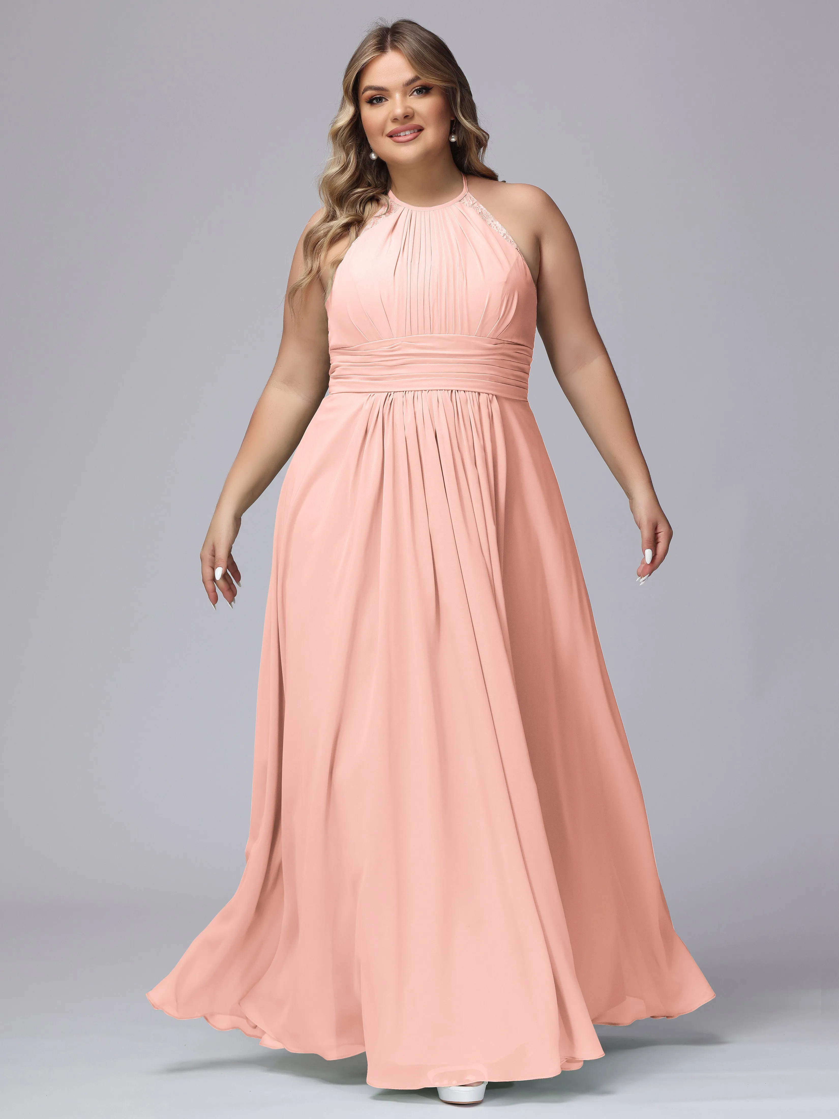 Halter Sleeveless Long Plus Size Chiffon Bridesmaid Dresses