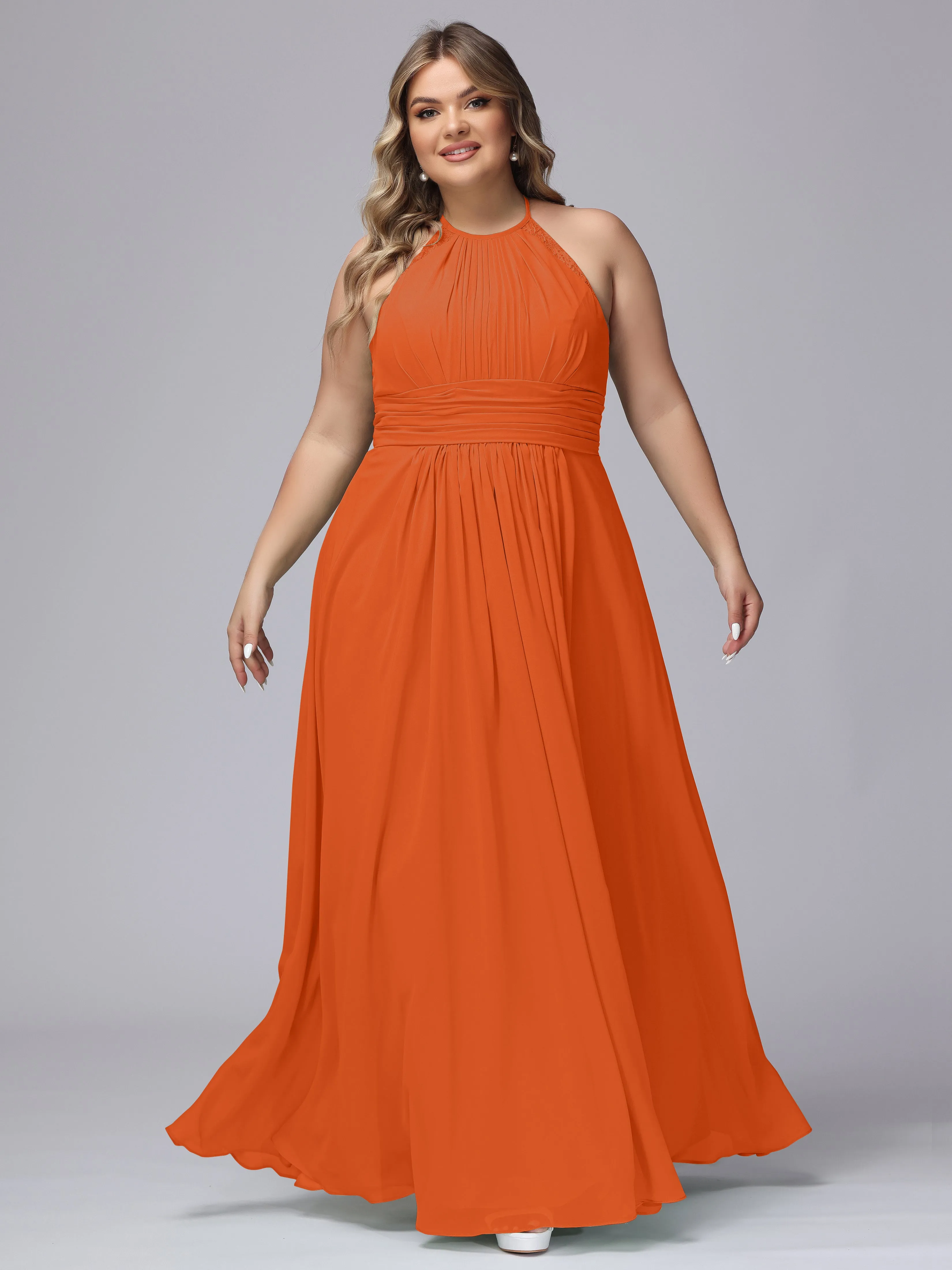 Halter Sleeveless Long Plus Size Chiffon Bridesmaid Dresses