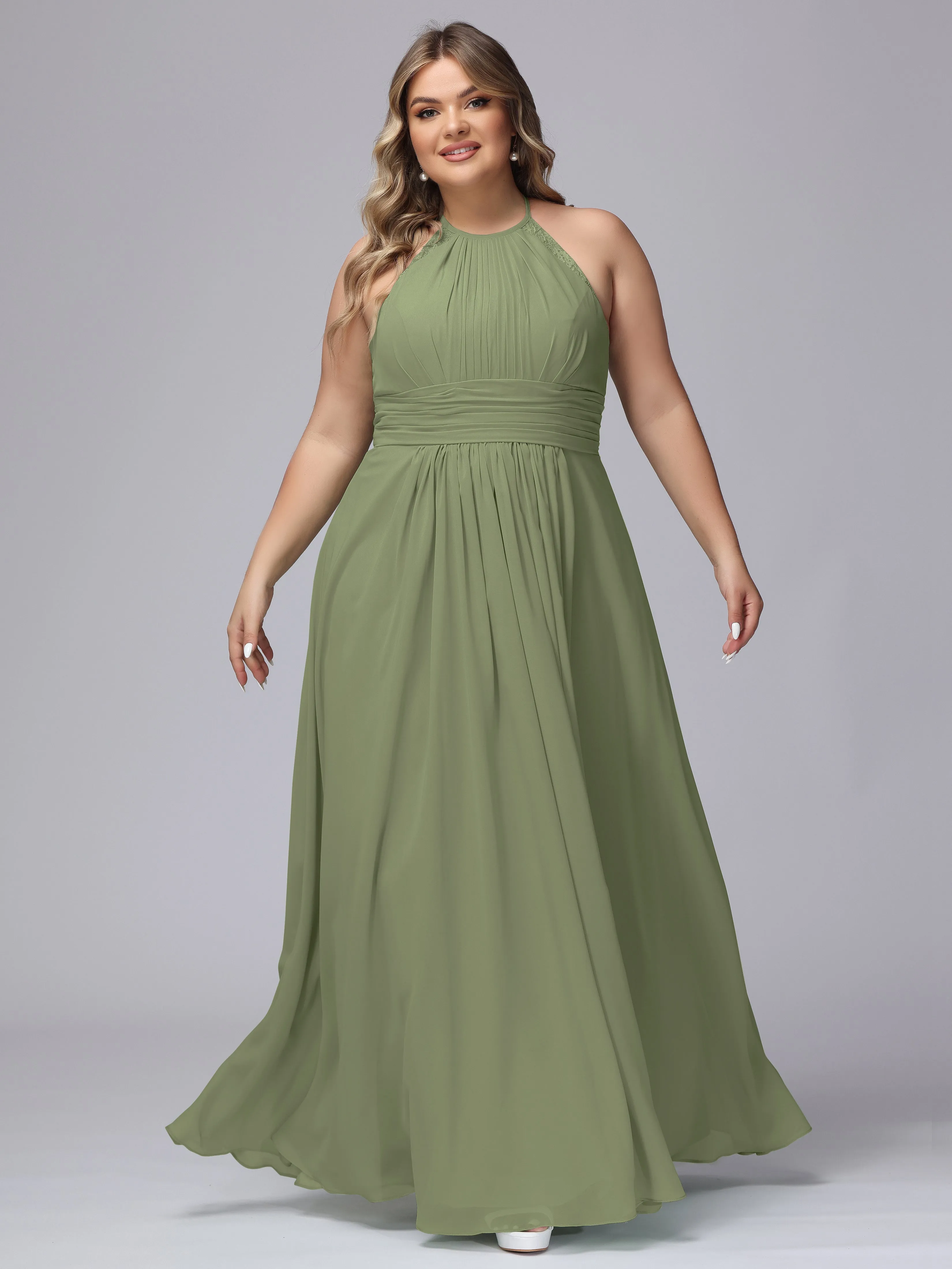 Halter Sleeveless Long Plus Size Chiffon Bridesmaid Dresses