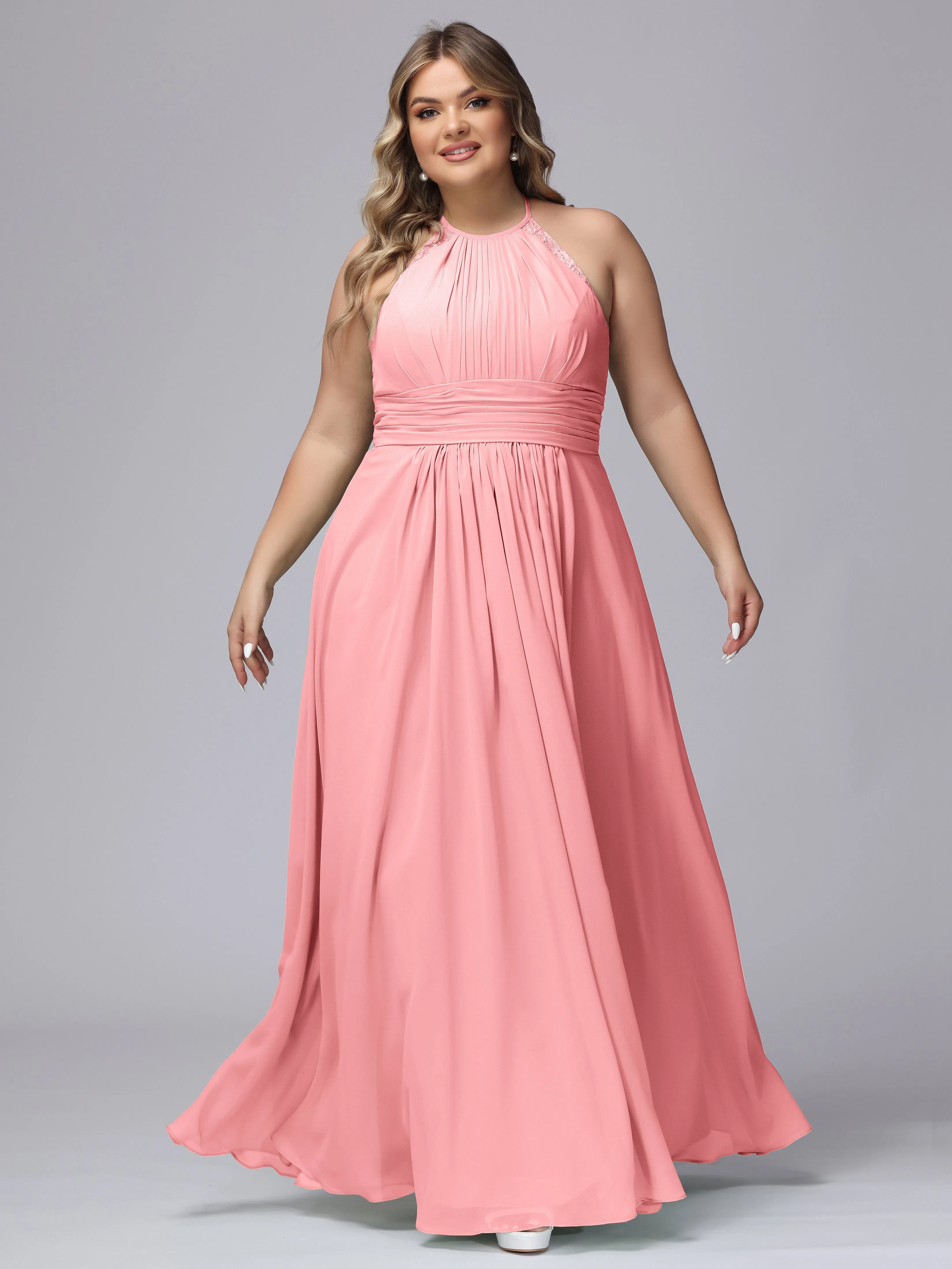 Halter Sleeveless Long Plus Size Chiffon Bridesmaid Dresses
