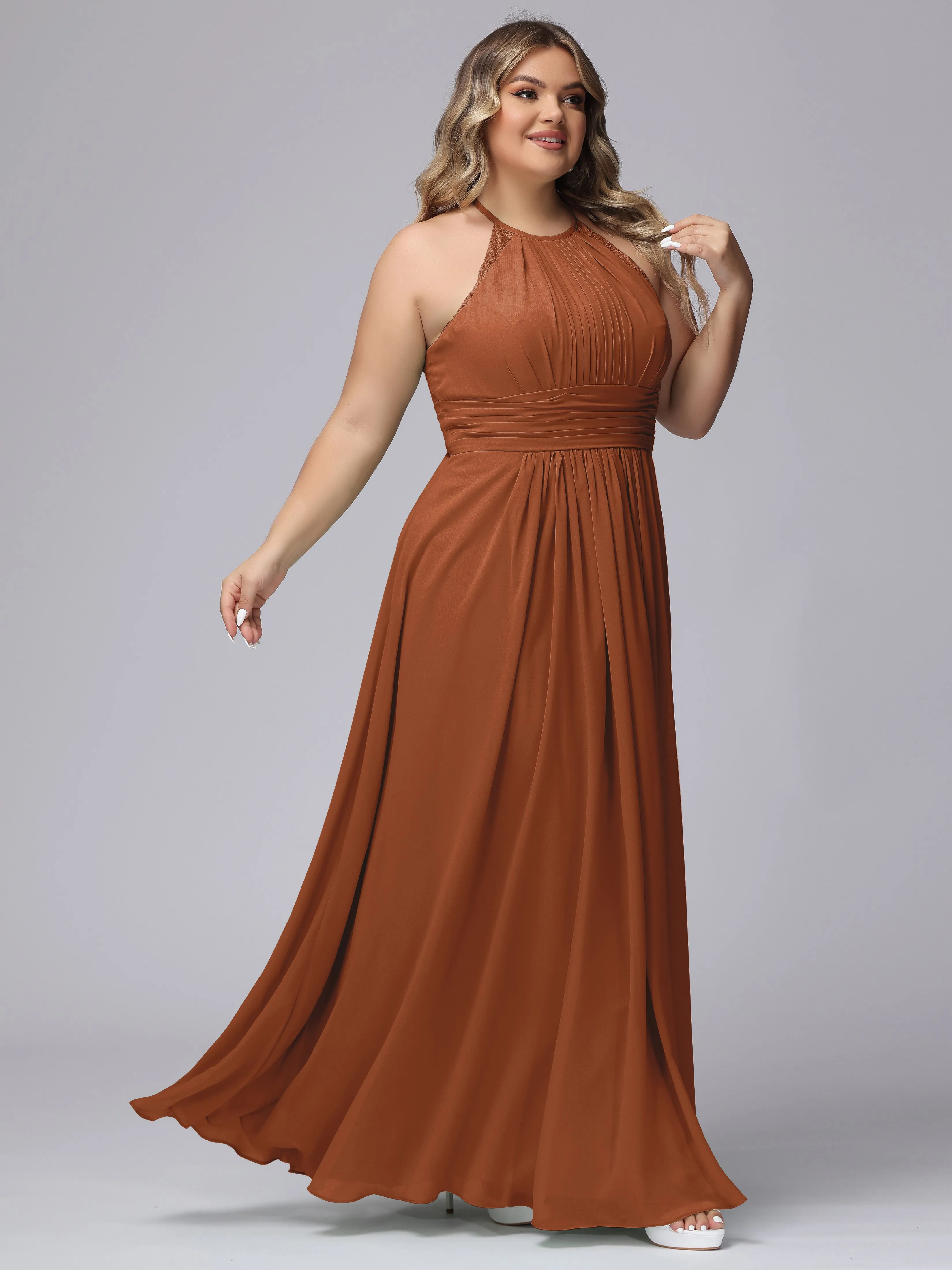 Halter Sleeveless Long Plus Size Chiffon Bridesmaid Dresses