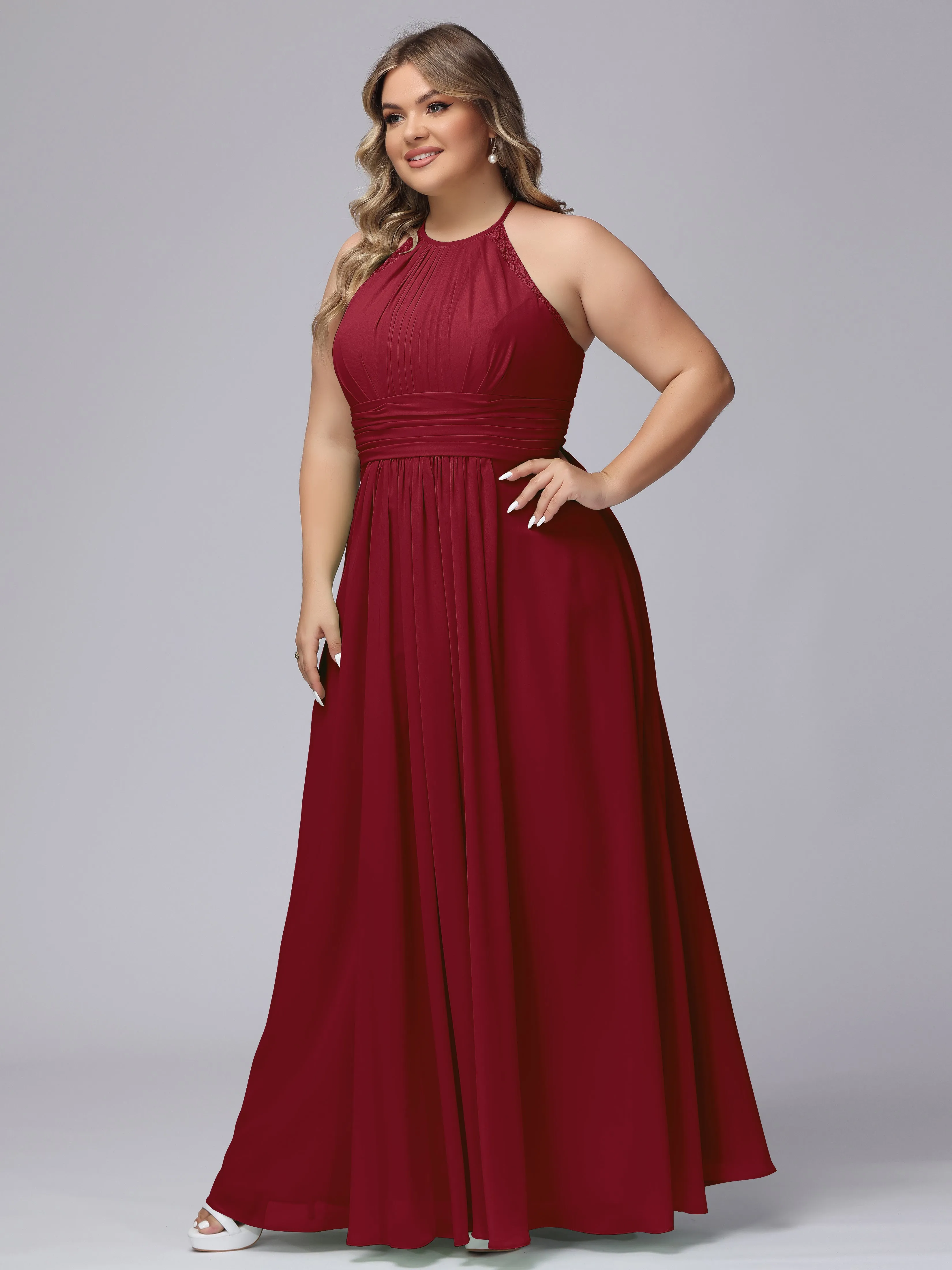 Halter Sleeveless Long Plus Size Chiffon Bridesmaid Dresses