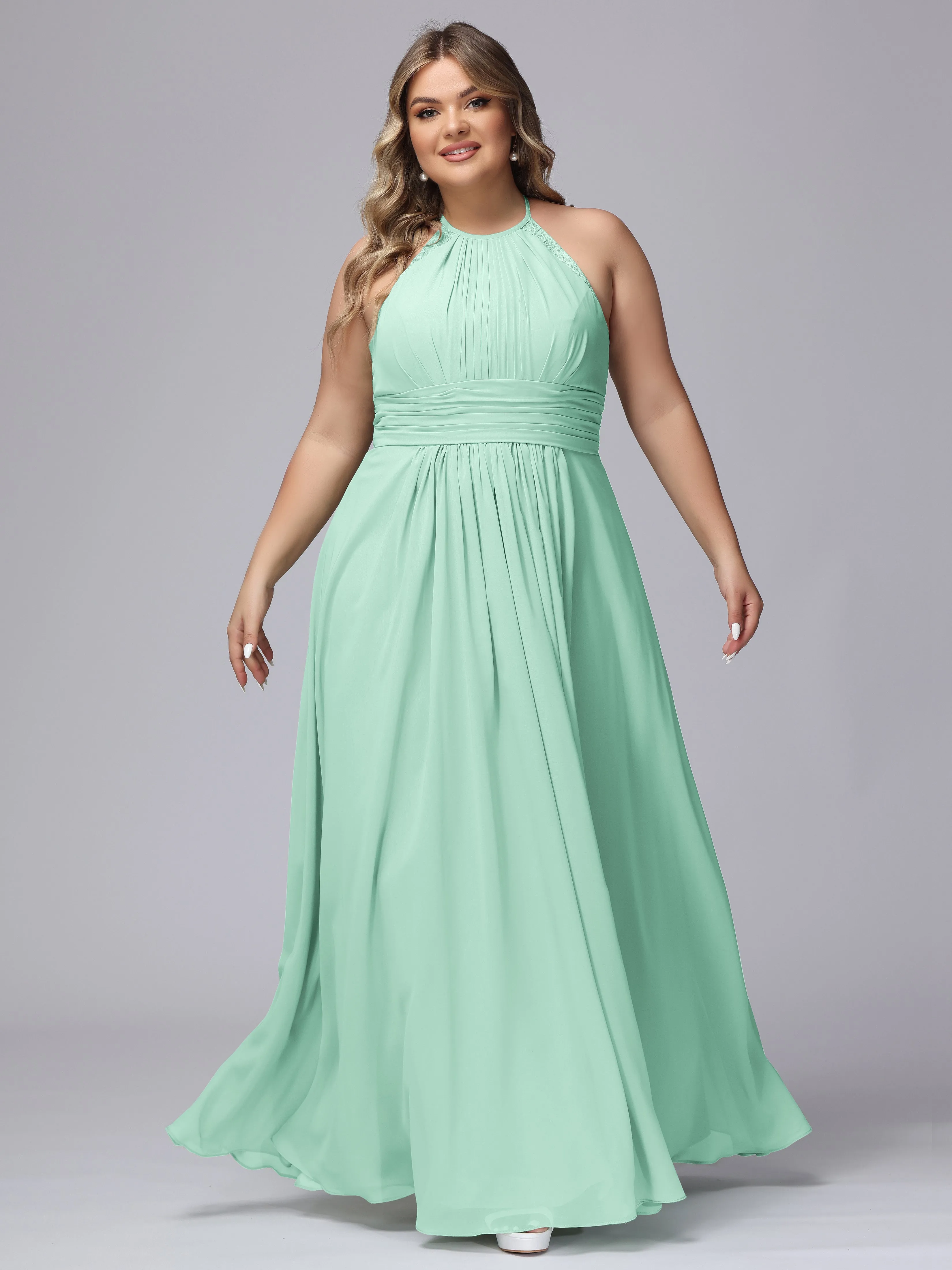 Halter Sleeveless Long Plus Size Chiffon Bridesmaid Dresses