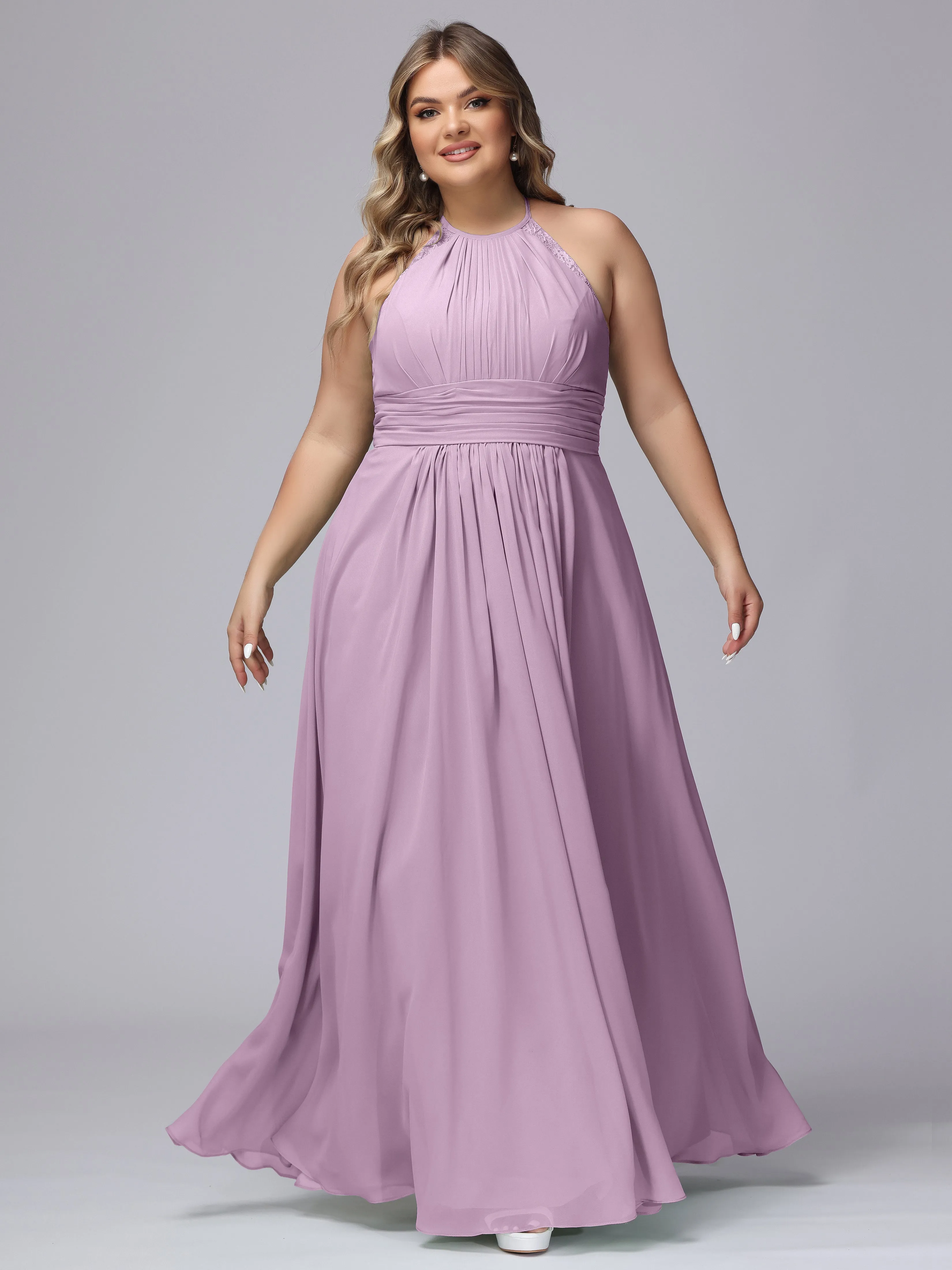 Halter Sleeveless Long Plus Size Chiffon Bridesmaid Dresses