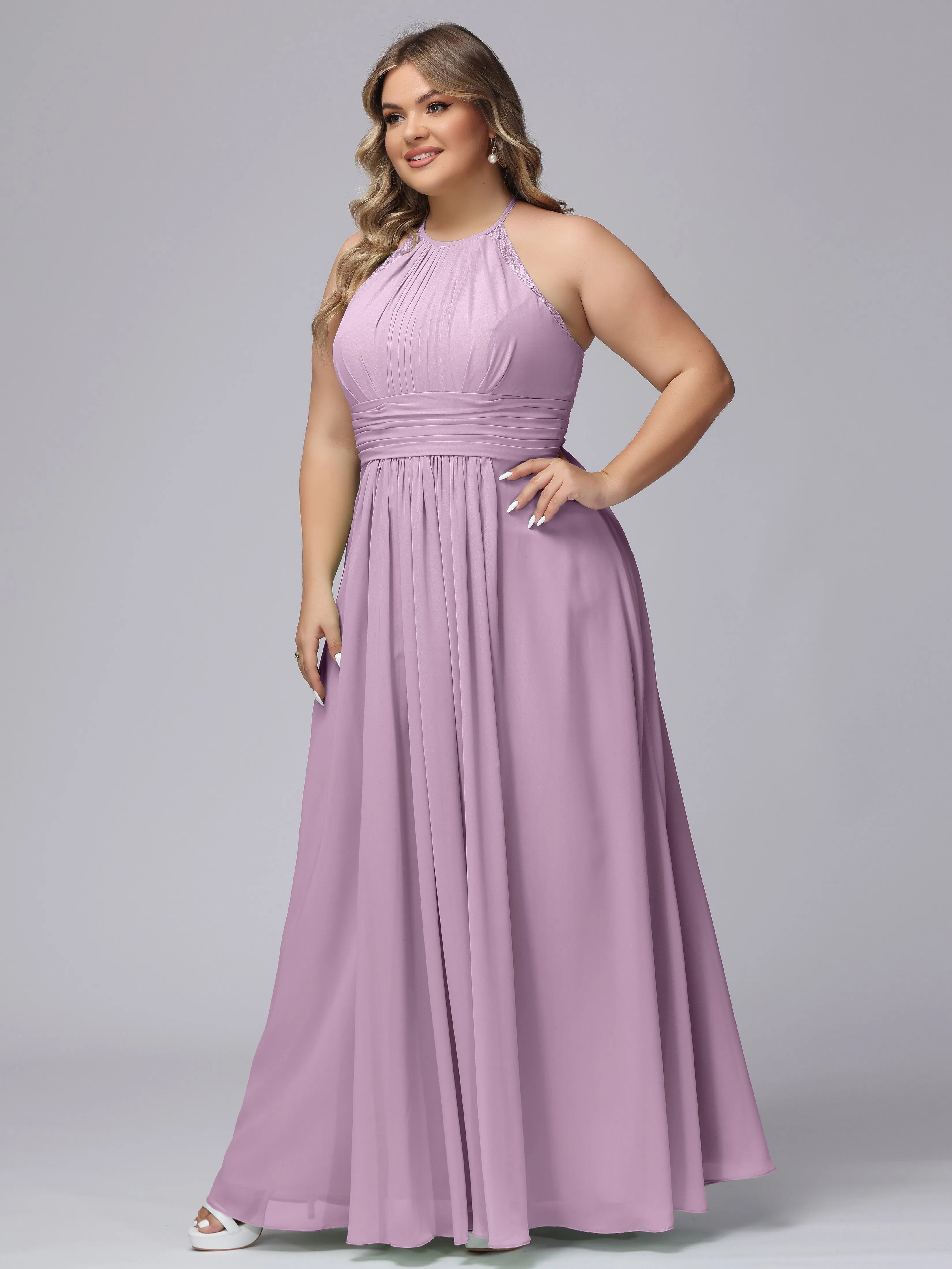 Halter Sleeveless Long Plus Size Chiffon Bridesmaid Dresses
