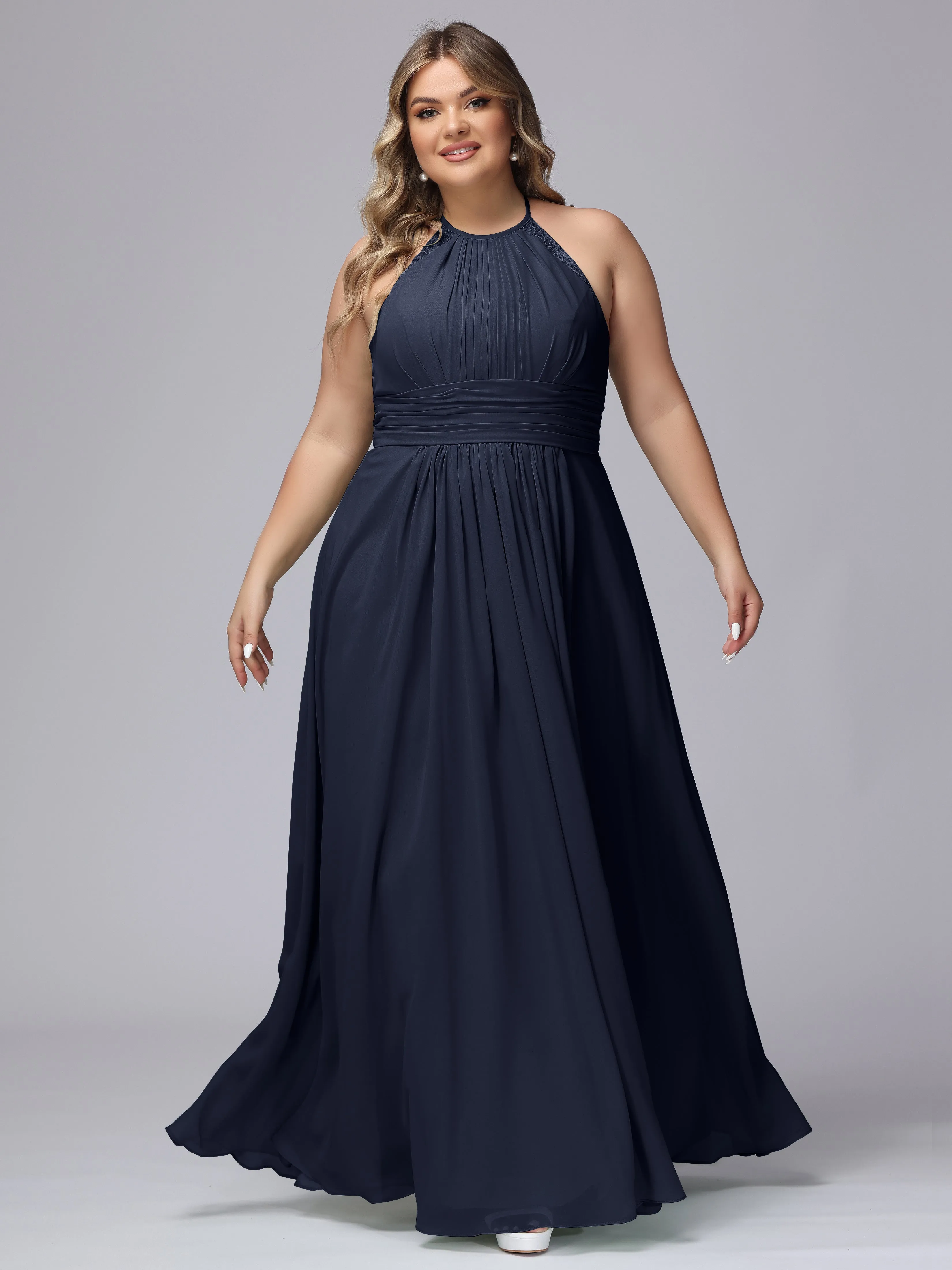 Halter Sleeveless Long Plus Size Chiffon Bridesmaid Dresses