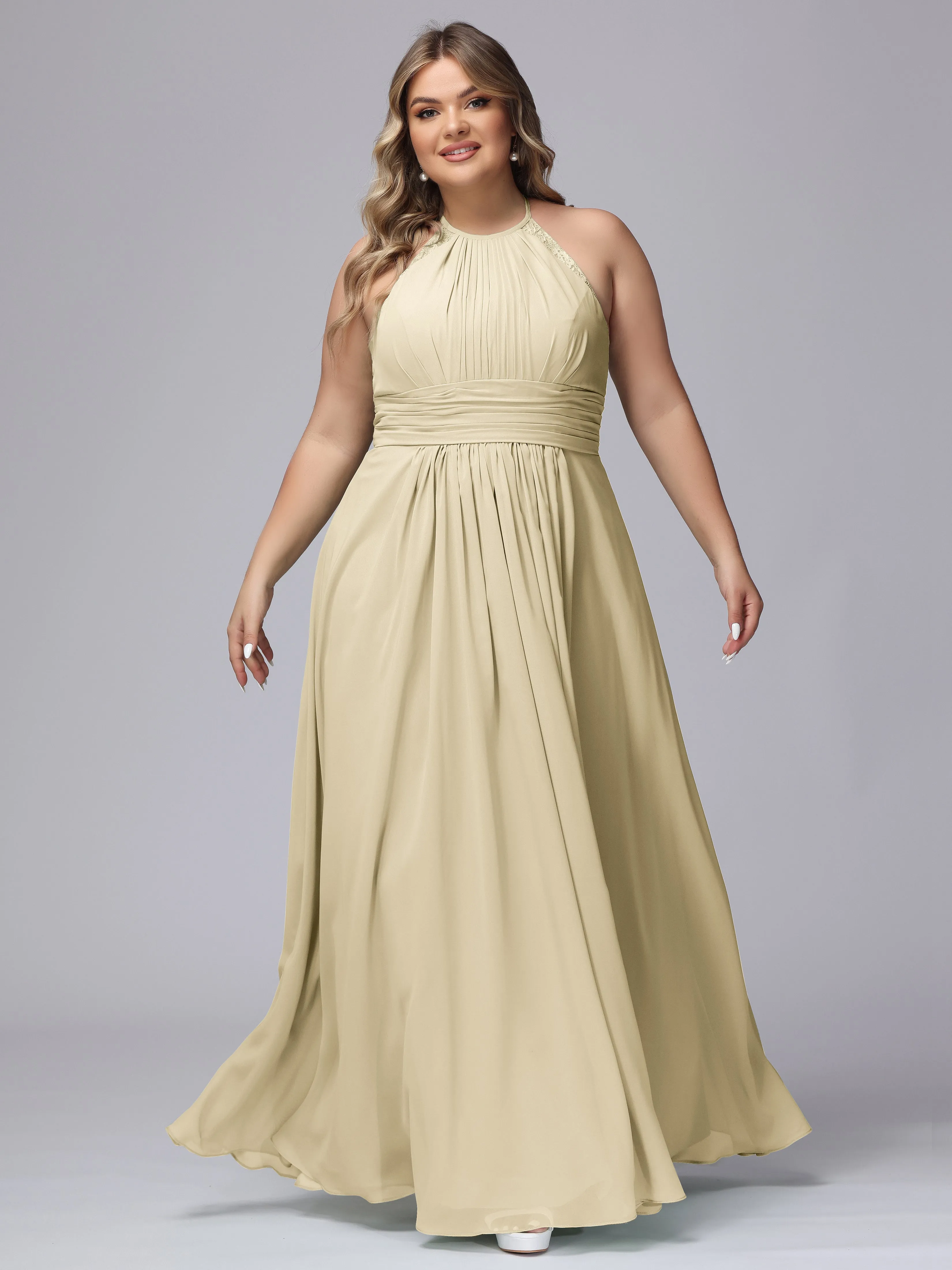 Halter Sleeveless Long Plus Size Chiffon Bridesmaid Dresses