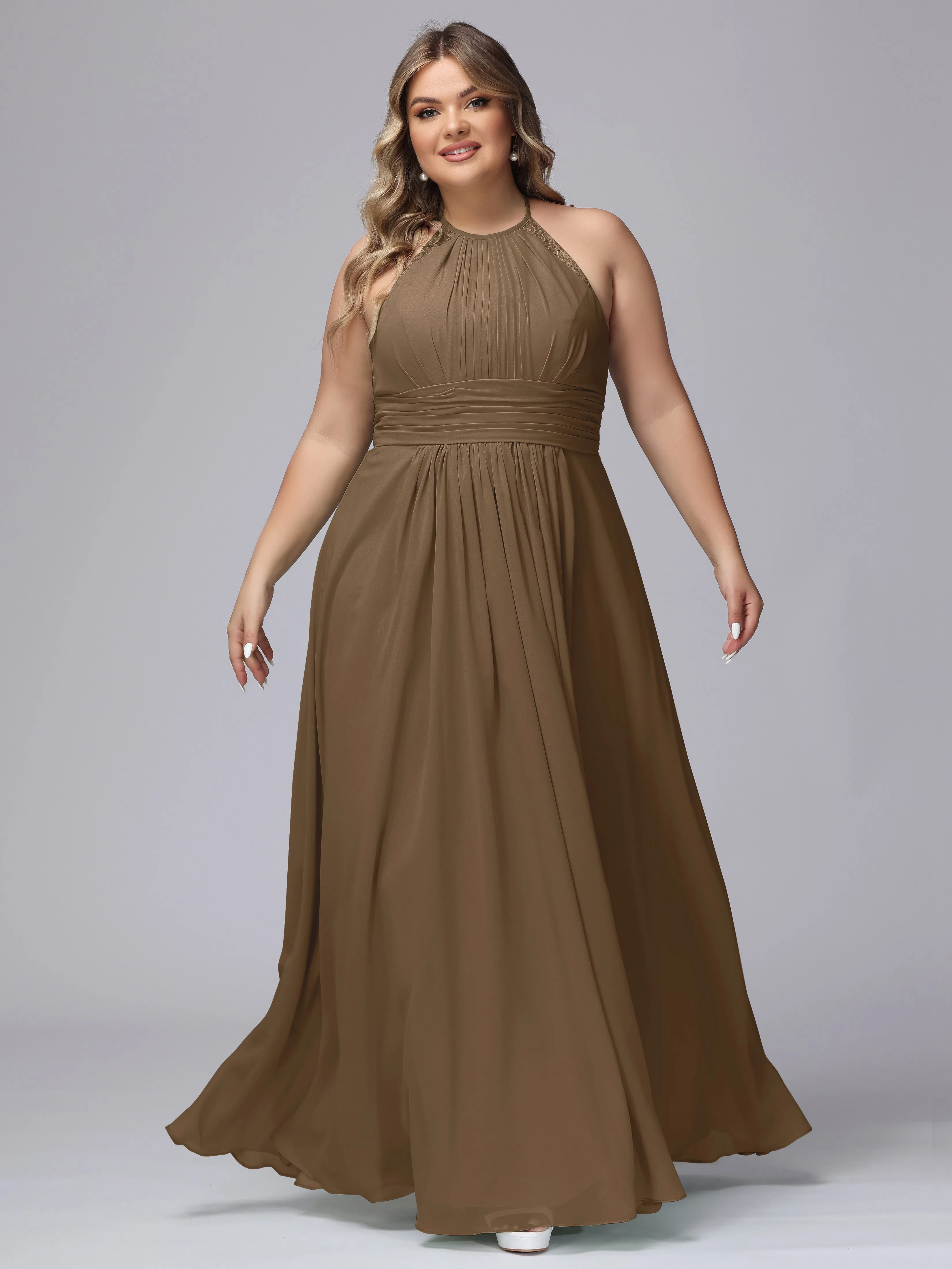 Halter Sleeveless Long Plus Size Chiffon Bridesmaid Dresses