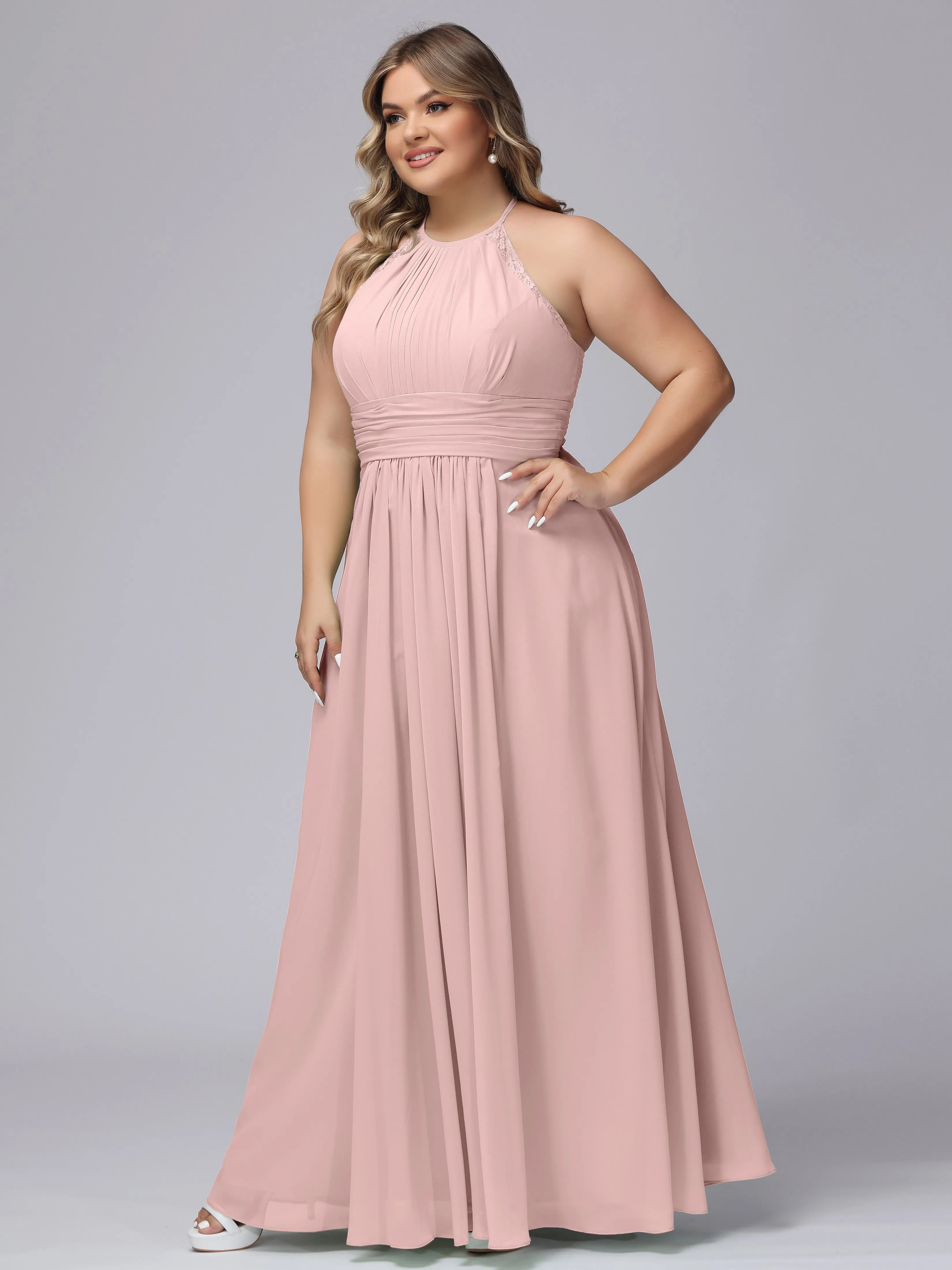 Halter Sleeveless Long Plus Size Chiffon Bridesmaid Dresses
