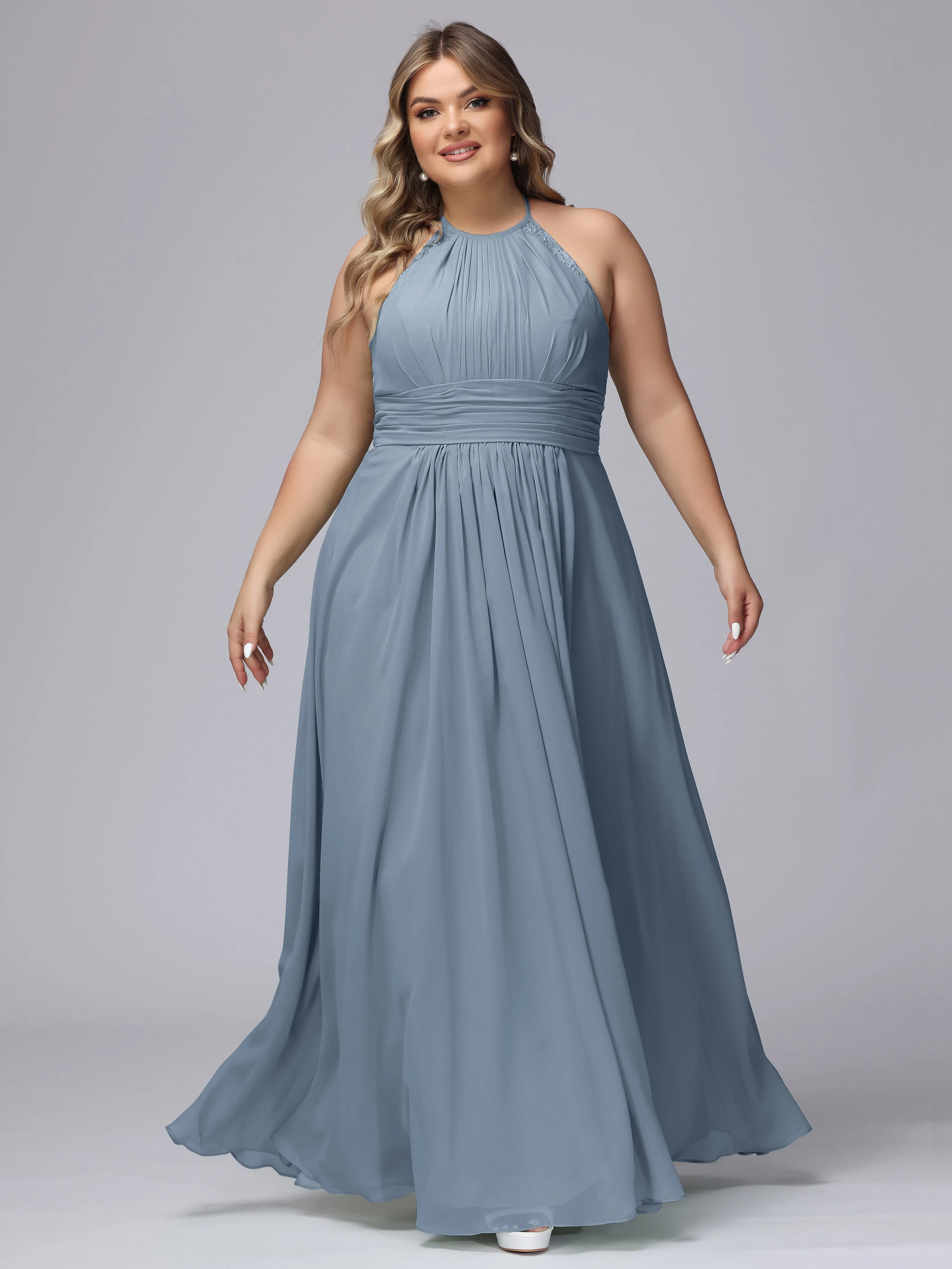Halter Sleeveless Long Plus Size Chiffon Bridesmaid Dresses