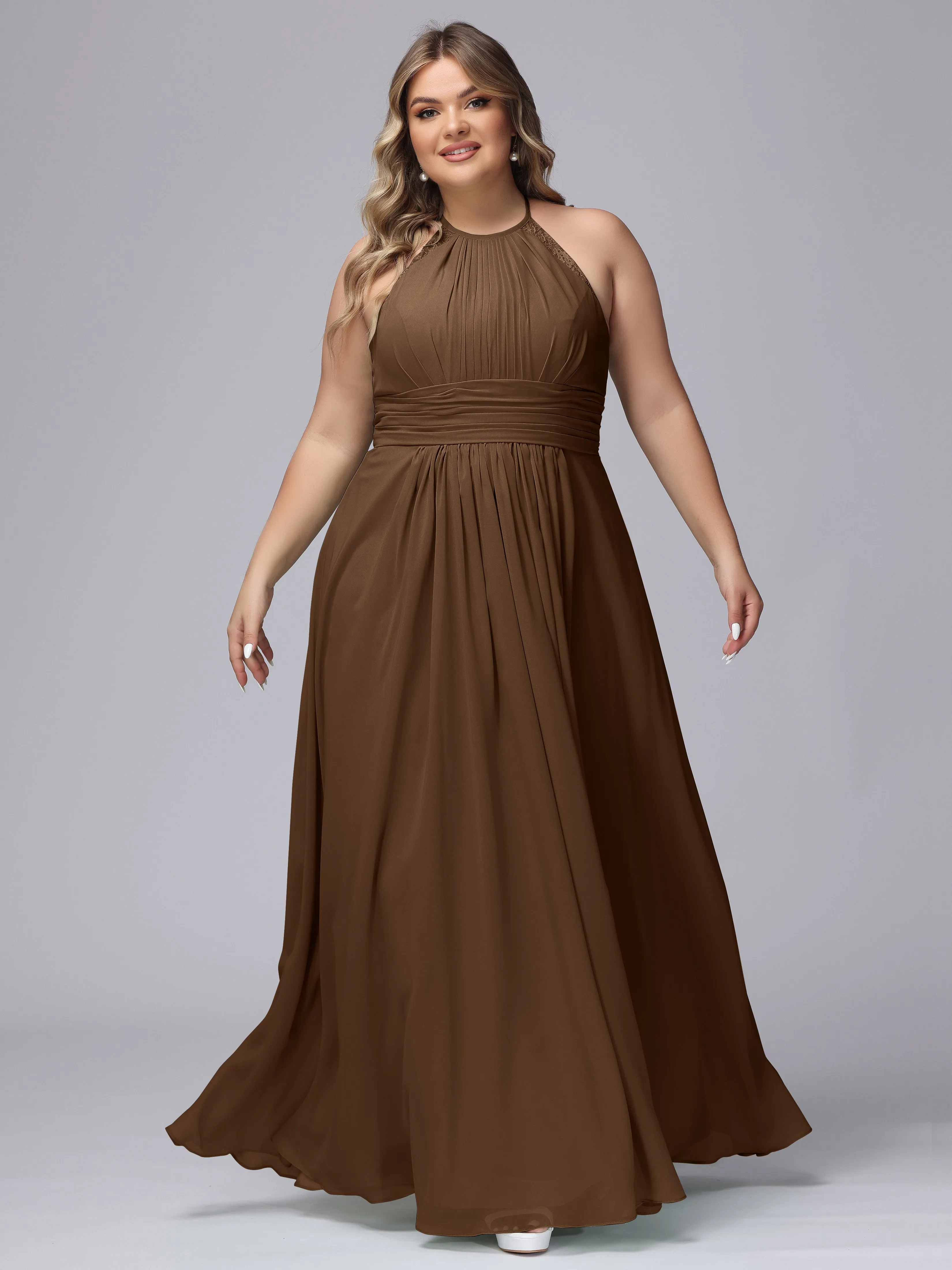 Halter Sleeveless Long Plus Size Chiffon Bridesmaid Dresses