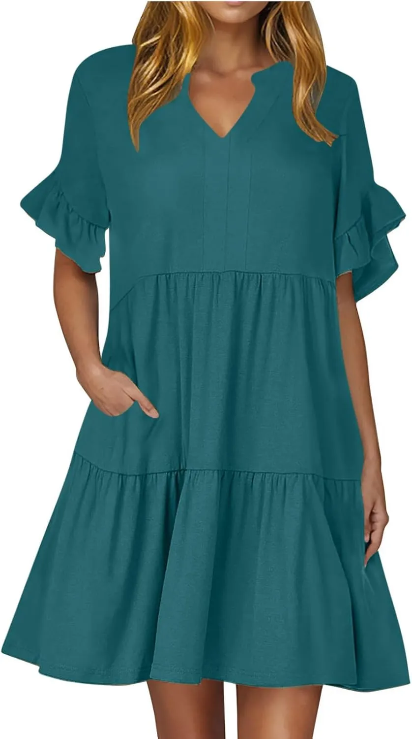 hlysgo Dresses for Women 2025 Casual Loose Fit Ruffled Short Sleeve V Neck Mini Dress Summer Short Beach Dress with Pockets