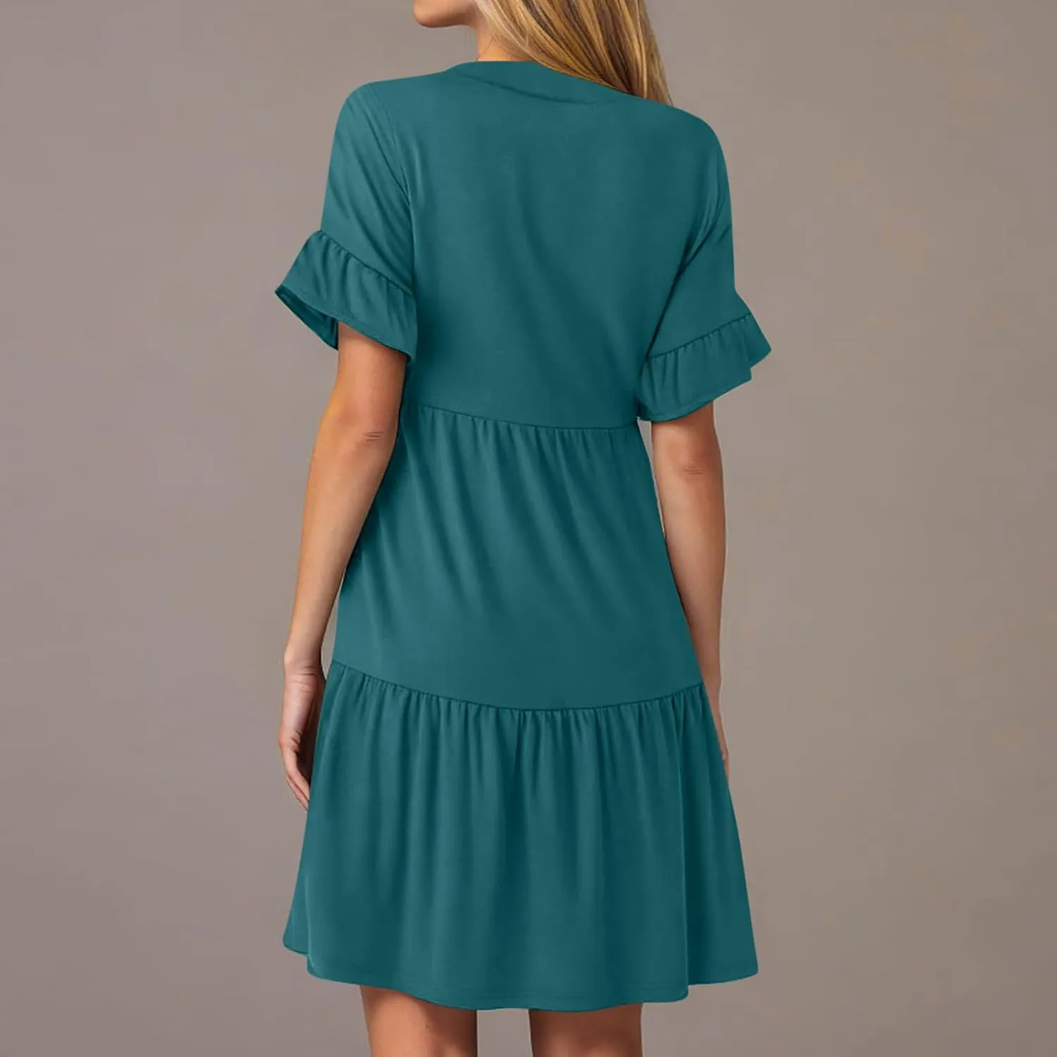 hlysgo Dresses for Women 2025 Casual Loose Fit Ruffled Short Sleeve V Neck Mini Dress Summer Short Beach Dress with Pockets