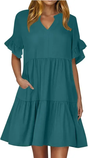 hlysgo Dresses for Women 2025 Casual Loose Fit Ruffled Short Sleeve V Neck Mini Dress Summer Short Beach Dress with Pockets