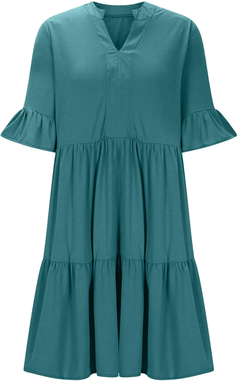 hlysgo Dresses for Women 2025 Casual Loose Fit Ruffled Short Sleeve V Neck Mini Dress Summer Short Beach Dress with Pockets
