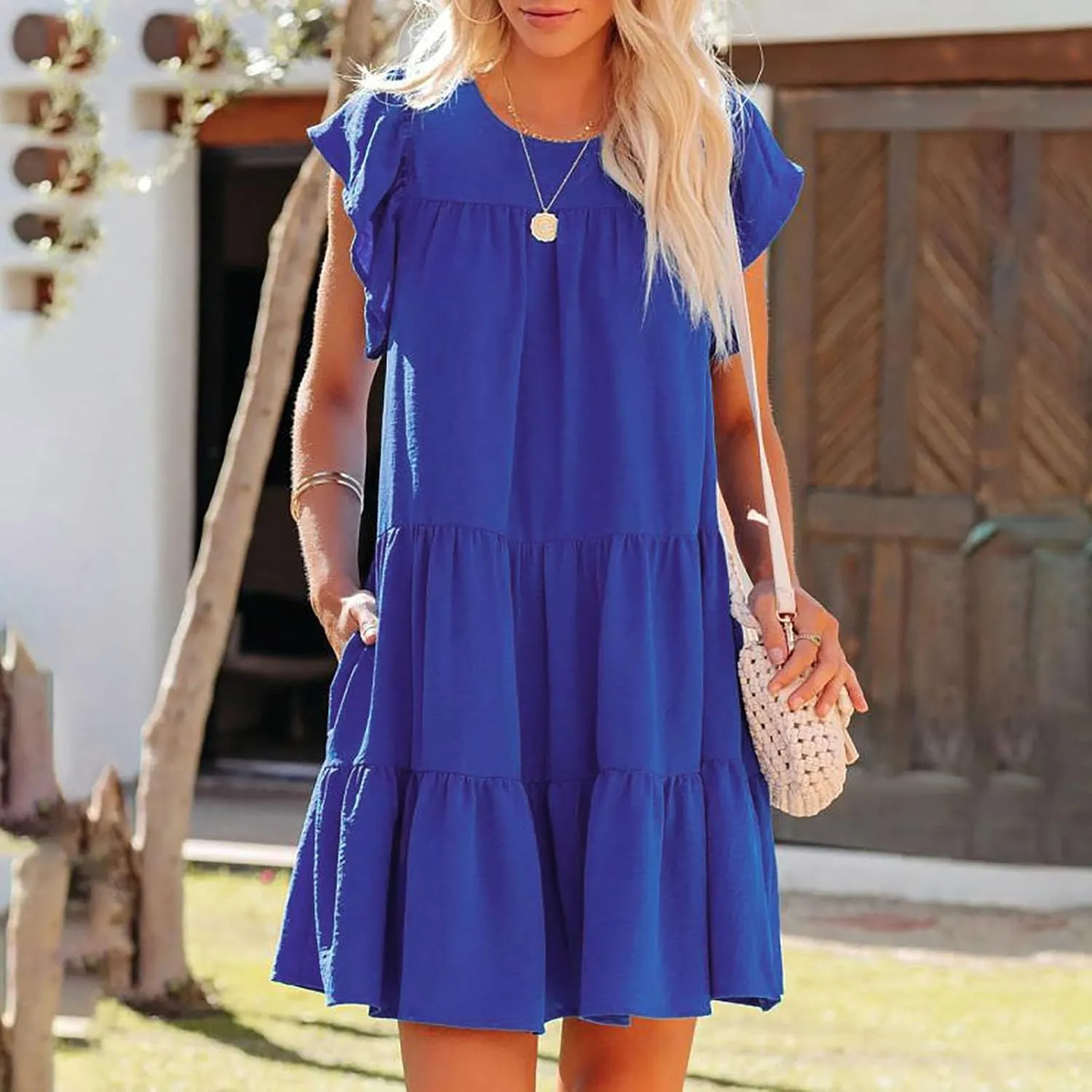 hlysgo Summer Dress for Women 2025 Casual Loose Fit Cap Sleeve Crew Neck Peplum Dresses Trendy Beach Mini Dress with Pockets