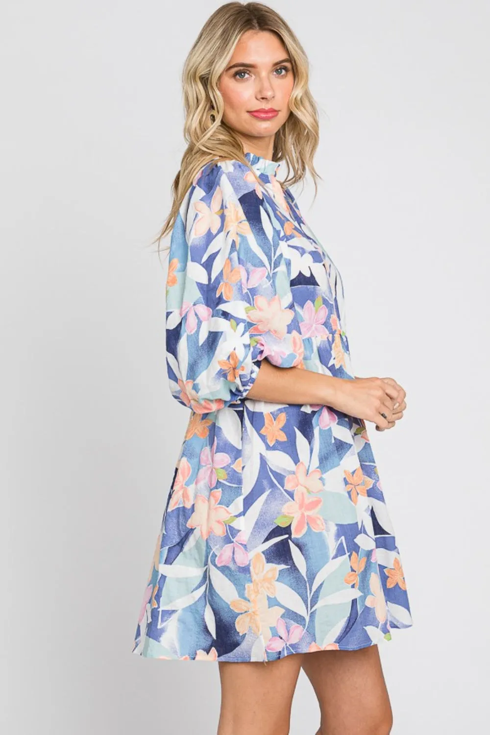 KESLEY Floral Print Mini Dress Floral Balloon Sleeve Casual Day Dress