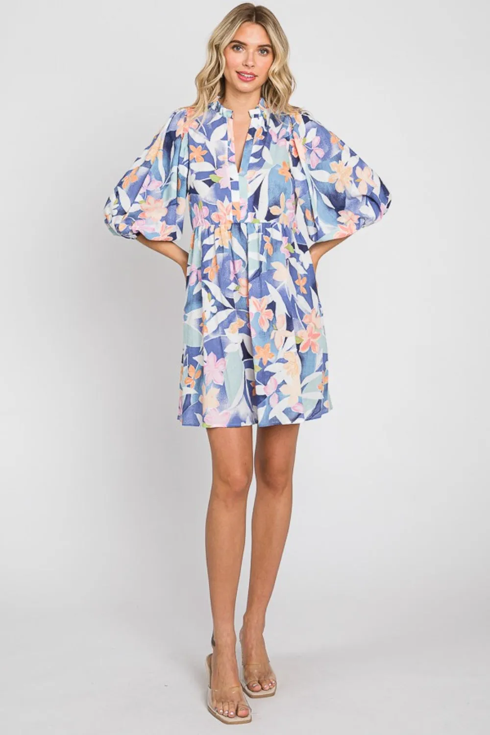 KESLEY Floral Print Mini Dress Floral Balloon Sleeve Casual Day Dress