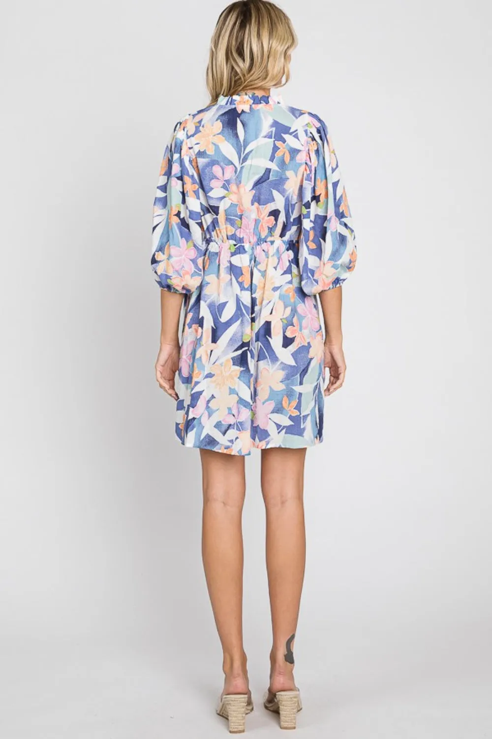 KESLEY Floral Print Mini Dress Floral Balloon Sleeve Casual Day Dress