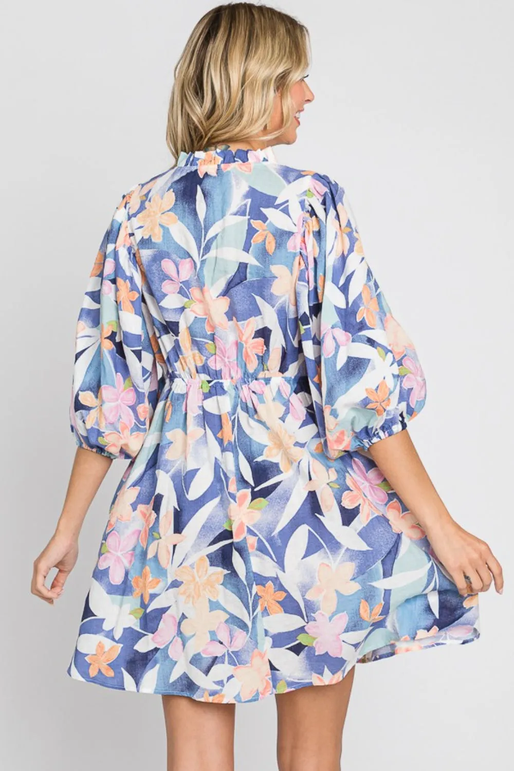 KESLEY Floral Print Mini Dress Floral Balloon Sleeve Casual Day Dress