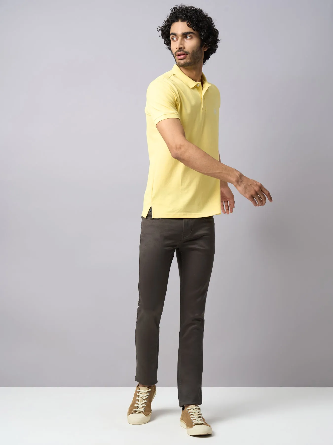 Knitted Yellow Printed Polo Neck Half Sleeve Casual T-Shirt