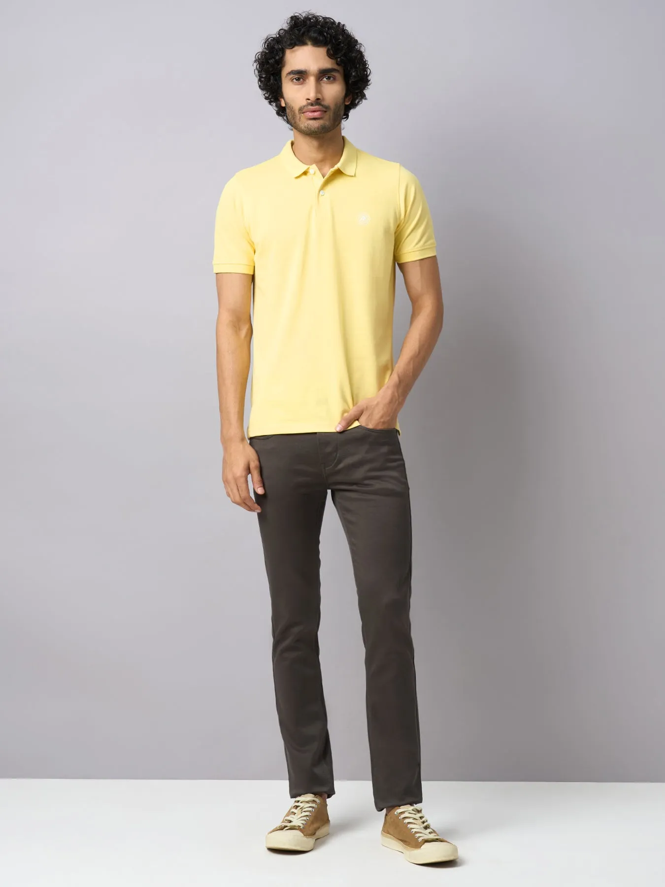 Knitted Yellow Printed Polo Neck Half Sleeve Casual T-Shirt