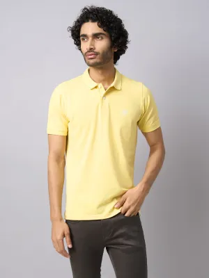 Knitted Yellow Printed Polo Neck Half Sleeve Casual T-Shirt