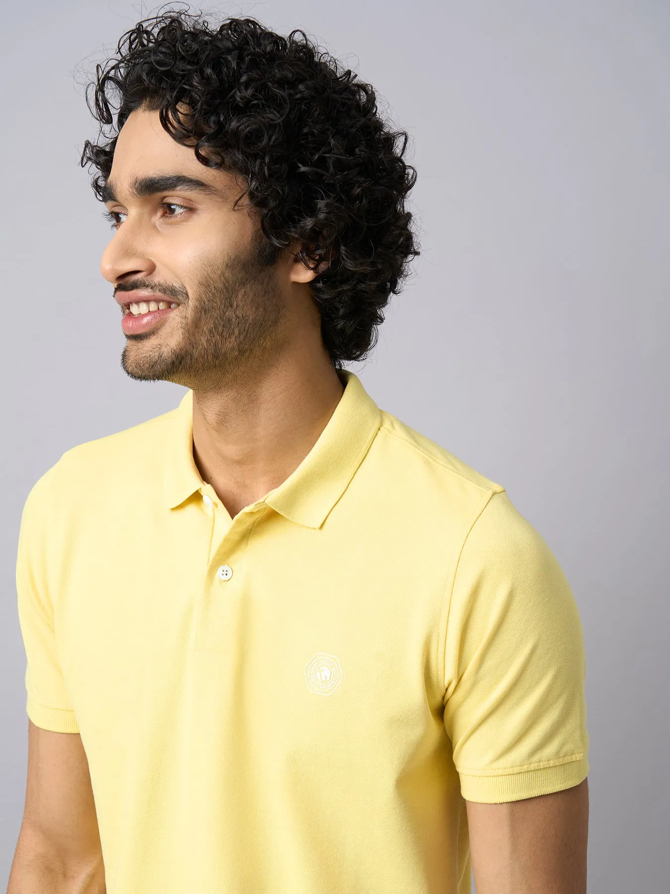 Knitted Yellow Printed Polo Neck Half Sleeve Casual T-Shirt