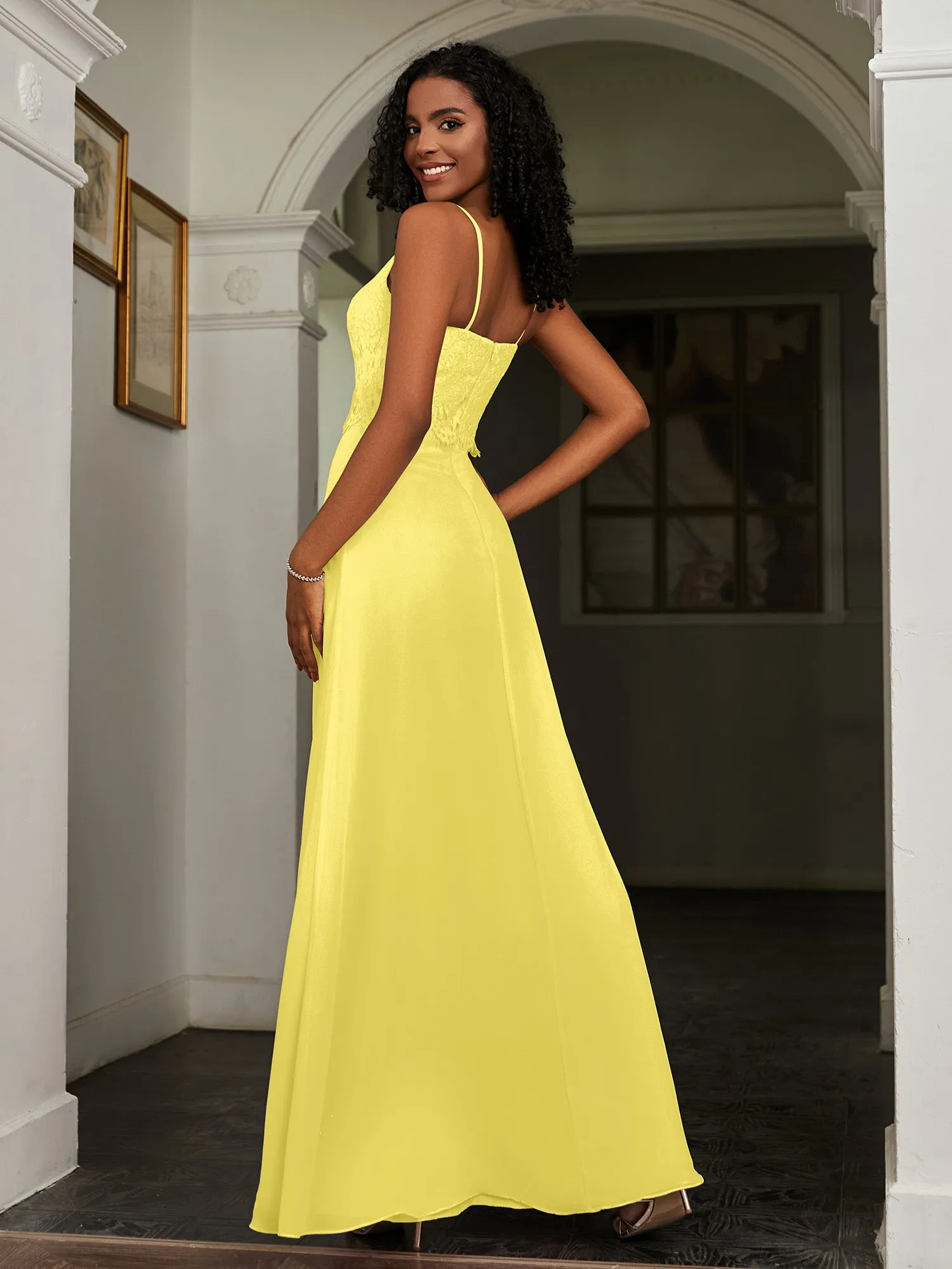 Lace Appliqued  Backless Chiffon A-Line Dress Lemon Plus Size