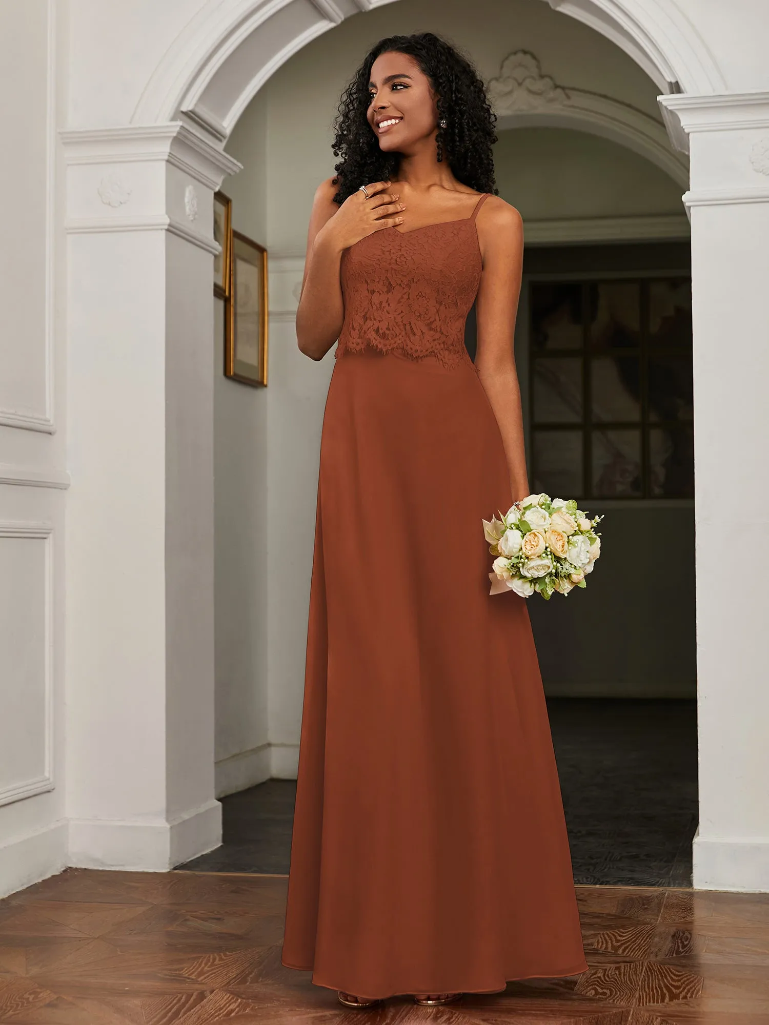 Lace Appliqued  Backless Chiffon A-Line Dress Rust