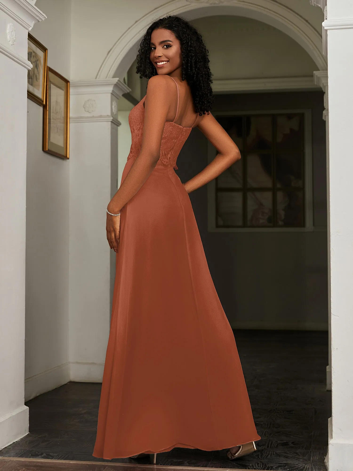 Lace Appliqued  Backless Chiffon A-Line Dress Rust