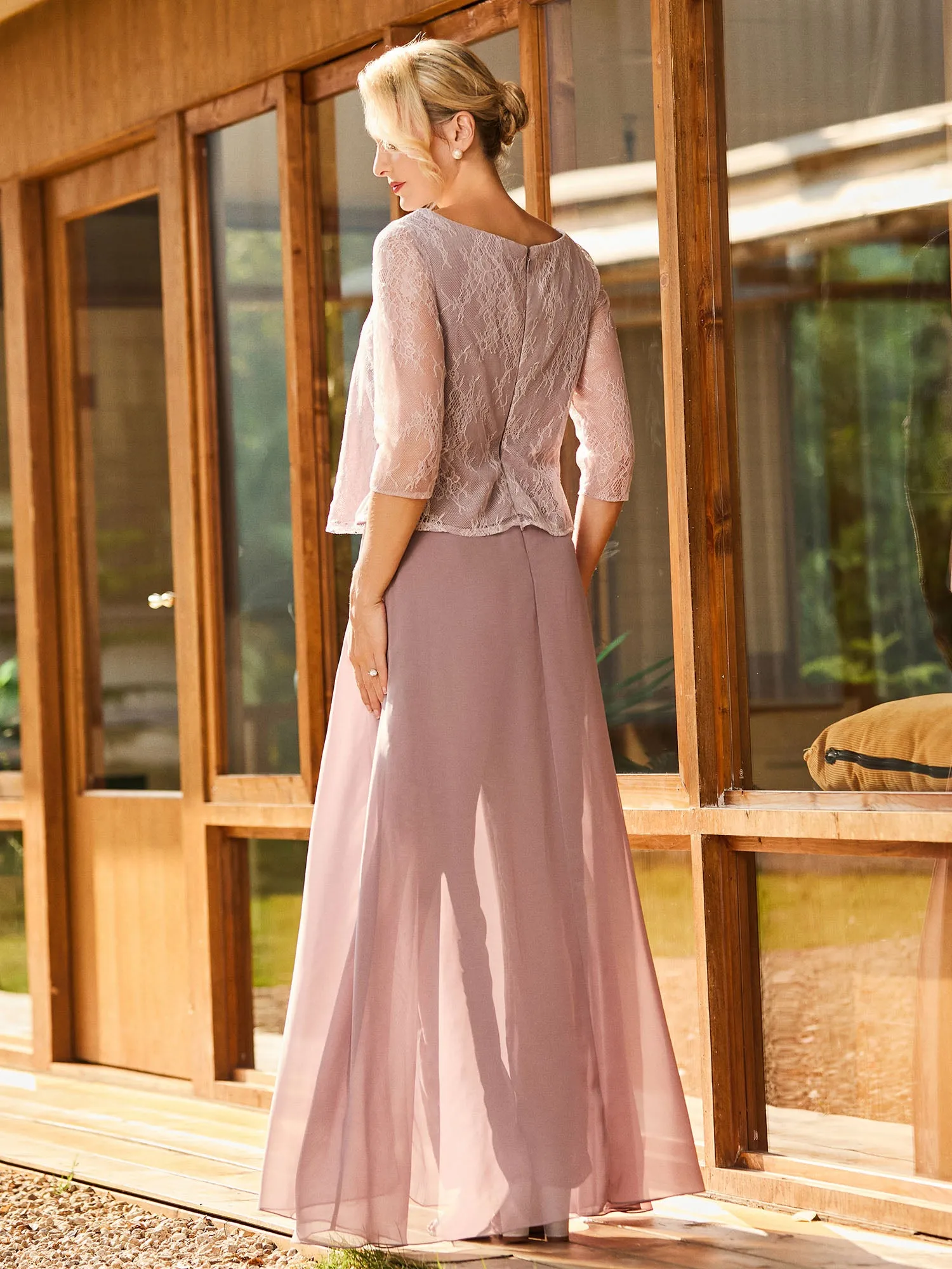 Lace Top with Chiffon Pant Suit  Dusty Rose