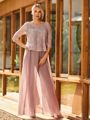 Lace Top with Chiffon Pant Suit  Dusty Rose