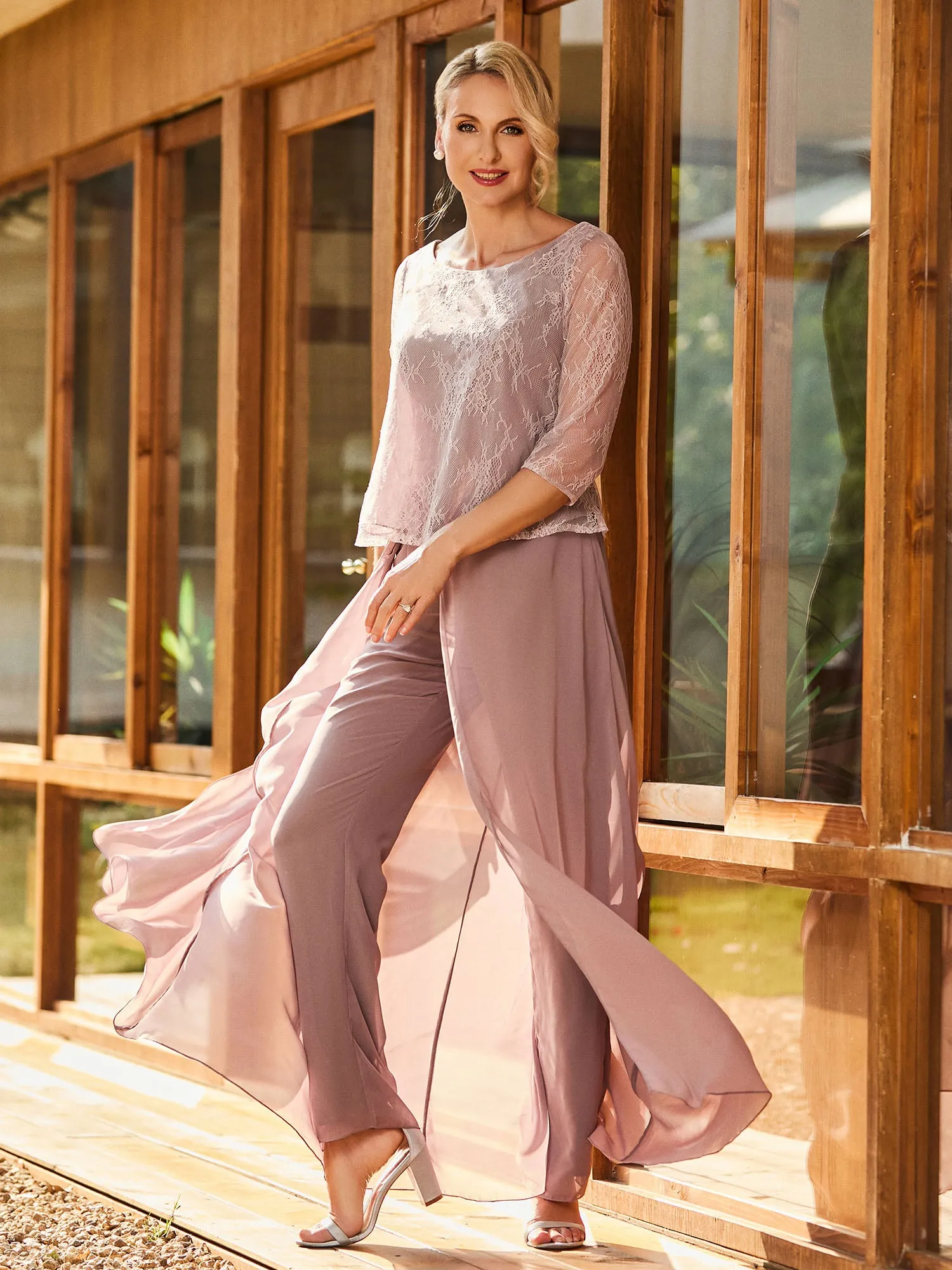 Lace Top with Chiffon Pant Suit  Dusty Rose