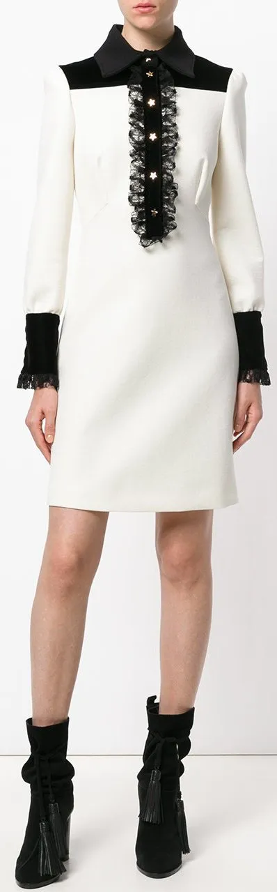 Lace Trimmed Long-Sleeve Dress, White
