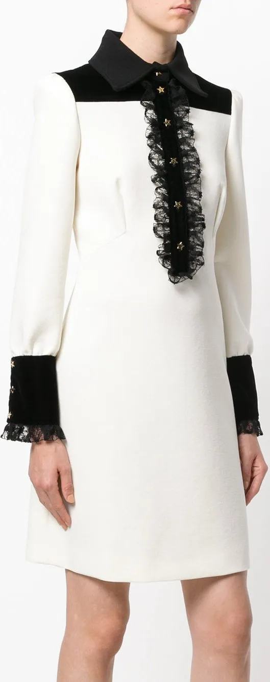 Lace Trimmed Long-Sleeve Dress, White