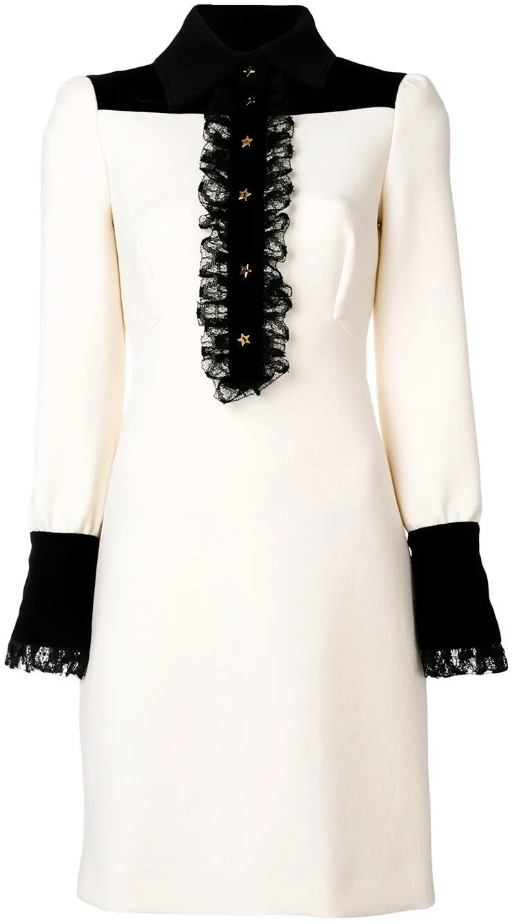 Lace Trimmed Long-Sleeve Dress, White