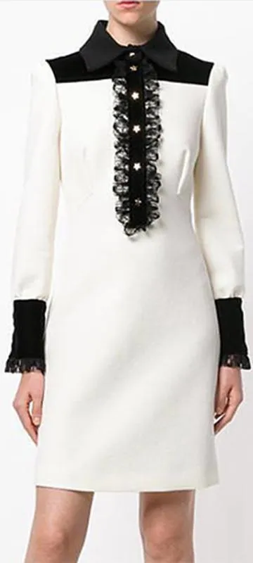 Lace Trimmed Long-Sleeve Dress, White