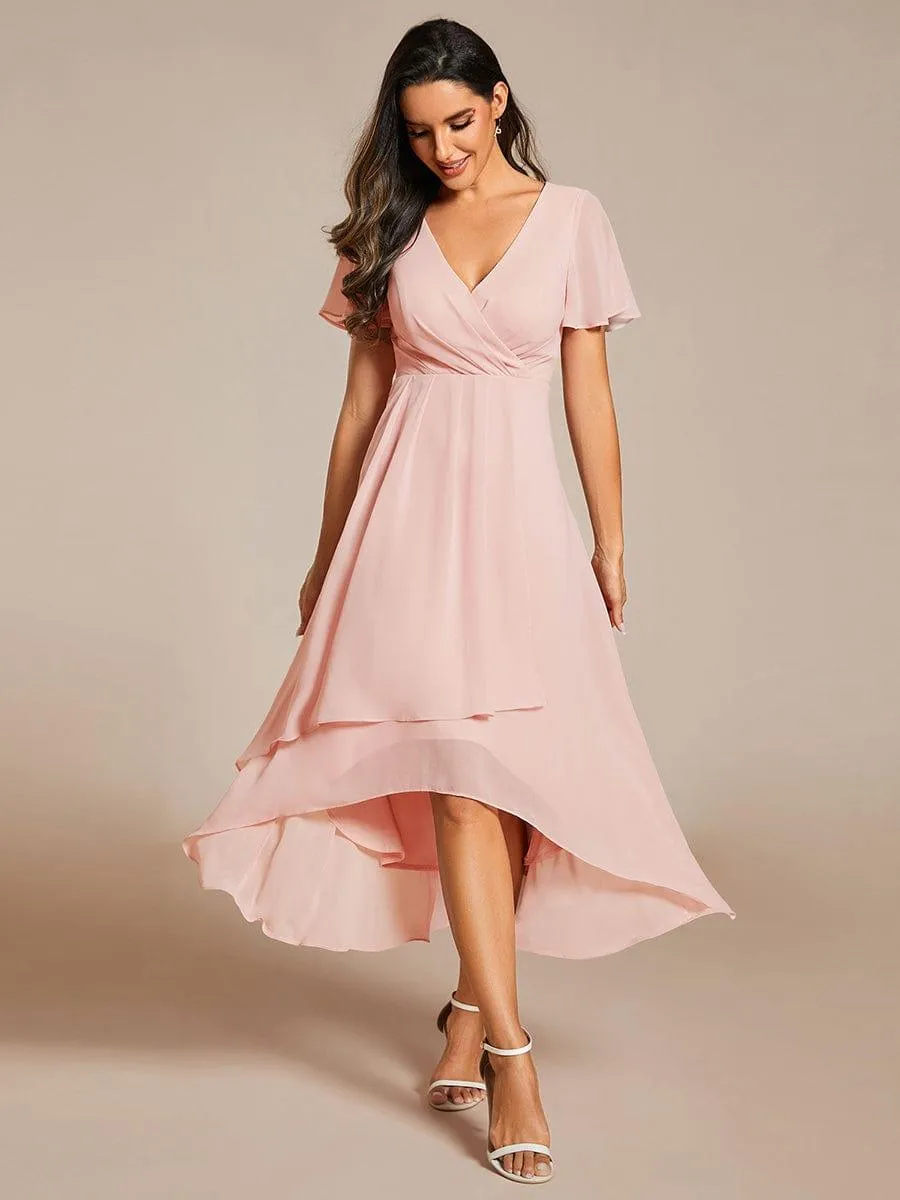 Lana | Pleated Chiffon Ruffles Sleeve Midi Evening Dress