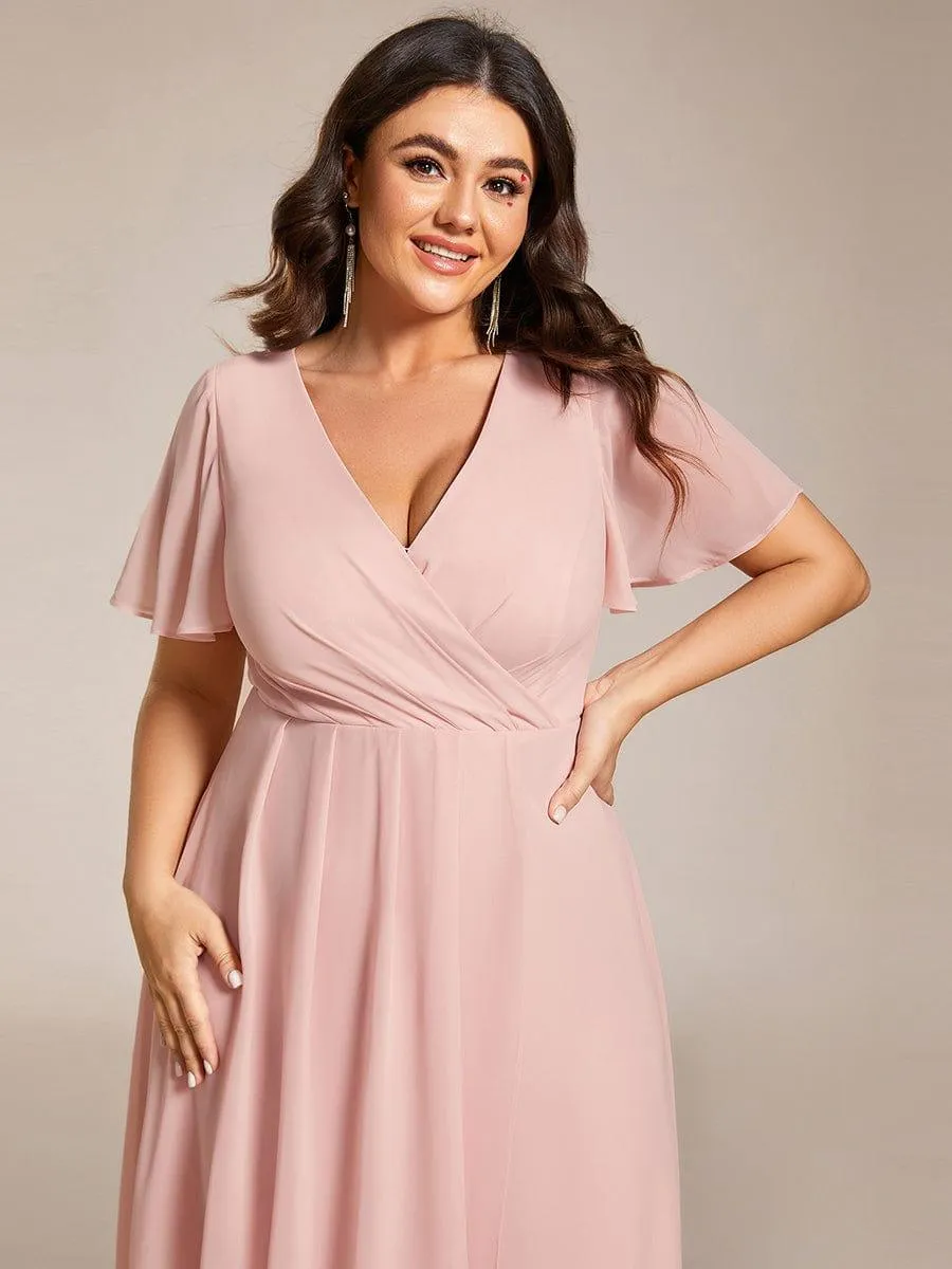Lana | Pleated Chiffon Ruffles Sleeve Midi Evening Dress