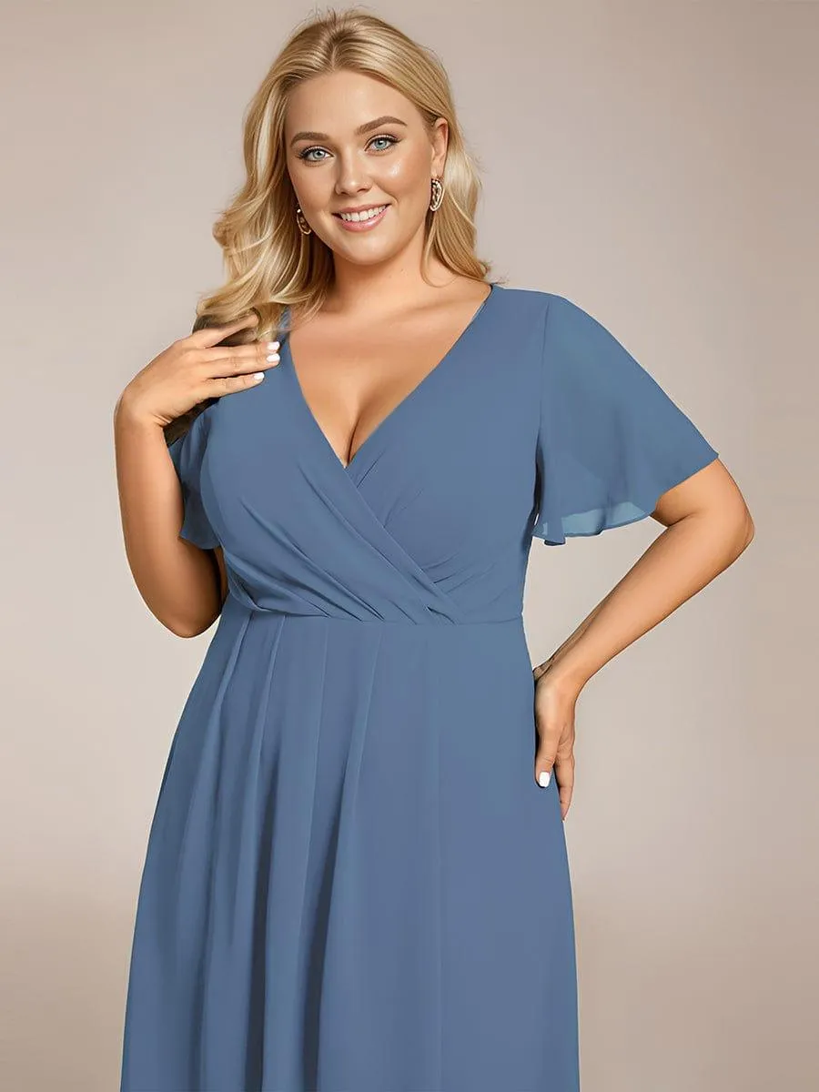 Lana | Pleated Chiffon Ruffles Sleeve Midi Evening Dress
