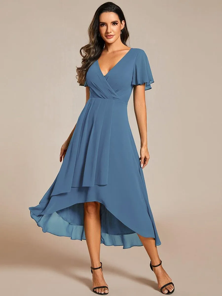 Lana | Pleated Chiffon Ruffles Sleeve Midi Evening Dress