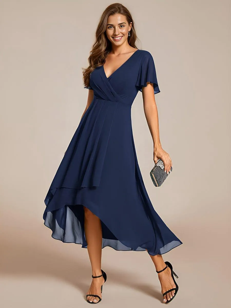 Lana | Pleated Chiffon Ruffles Sleeve Midi Evening Dress