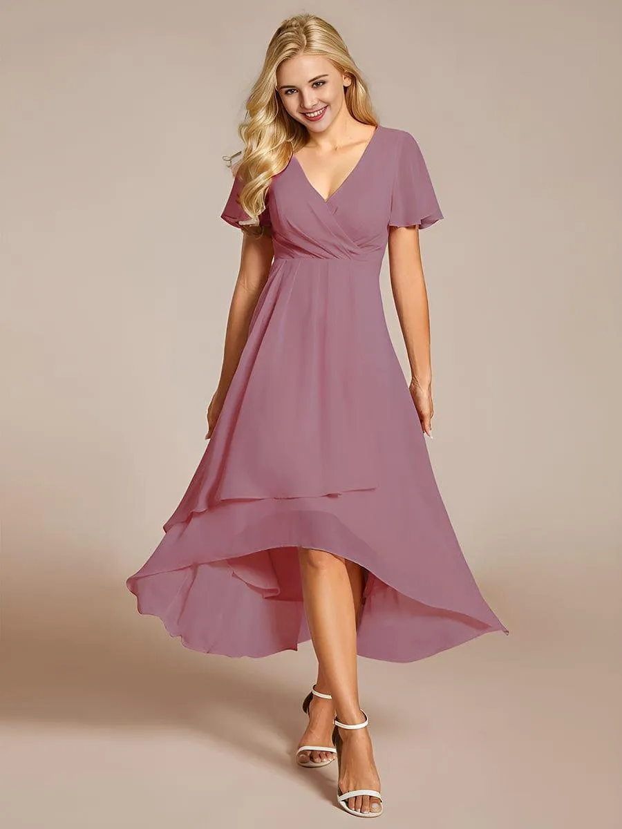 Lana | Pleated Chiffon Ruffles Sleeve Midi Evening Dress